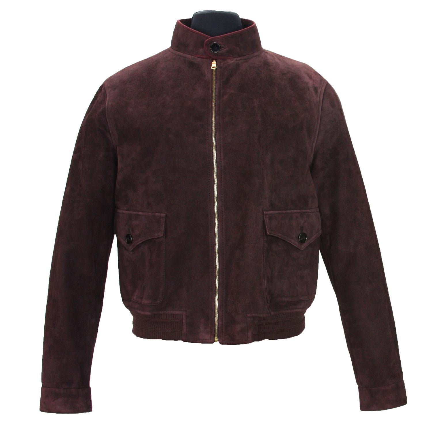 New Gucci Men's Goat Suede Brown / Plum Bomber Jacket It 58 - US 48 For Sale