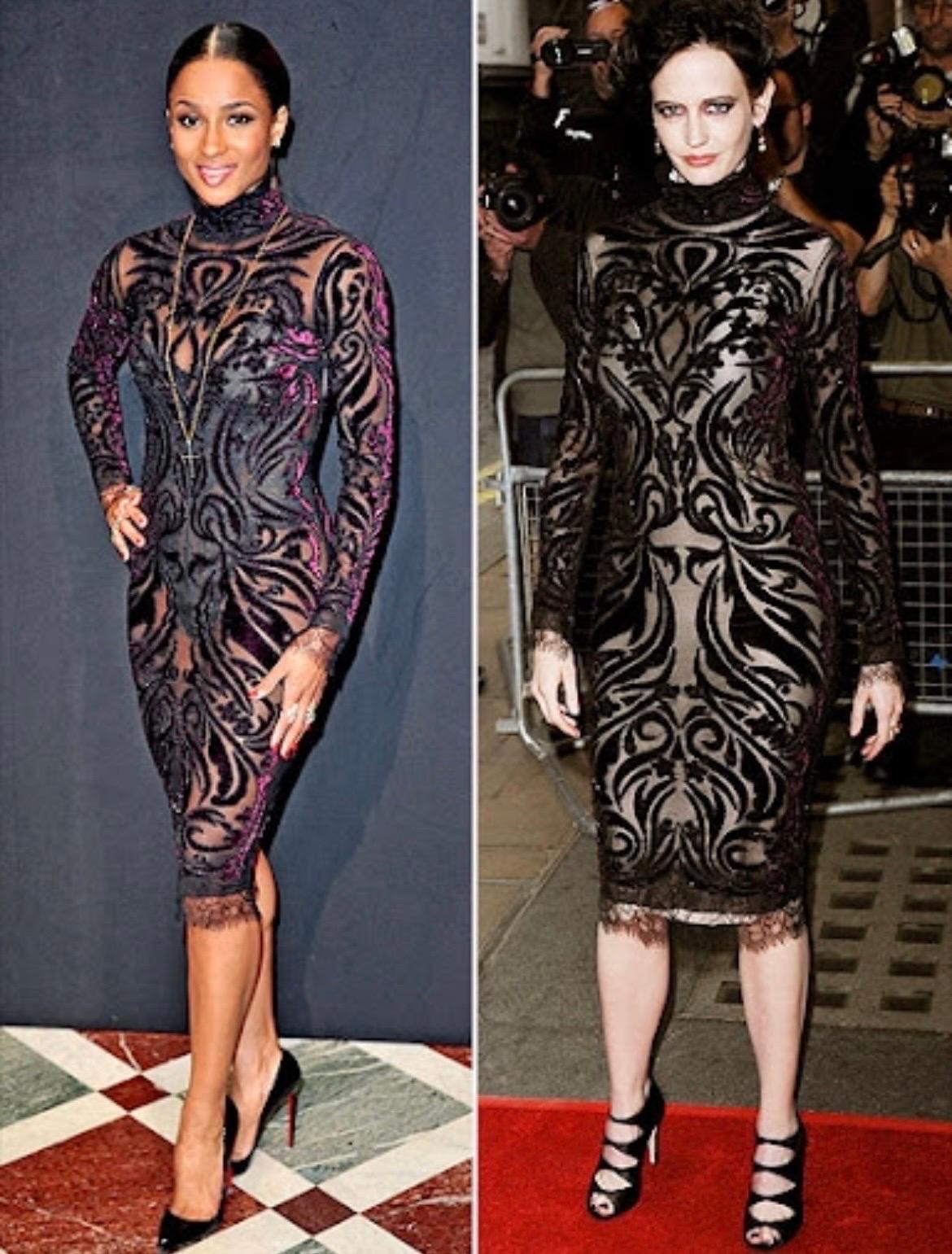 Emilio Pucci dress as seen on Eva Green and Ciara.

The sweeping organic lines that define the Emilio Pucci aesthetic delight and beguile, but a lace, chiffon, and Bordeaux velvet-embroidered dress is something that defies explanation—its pure,