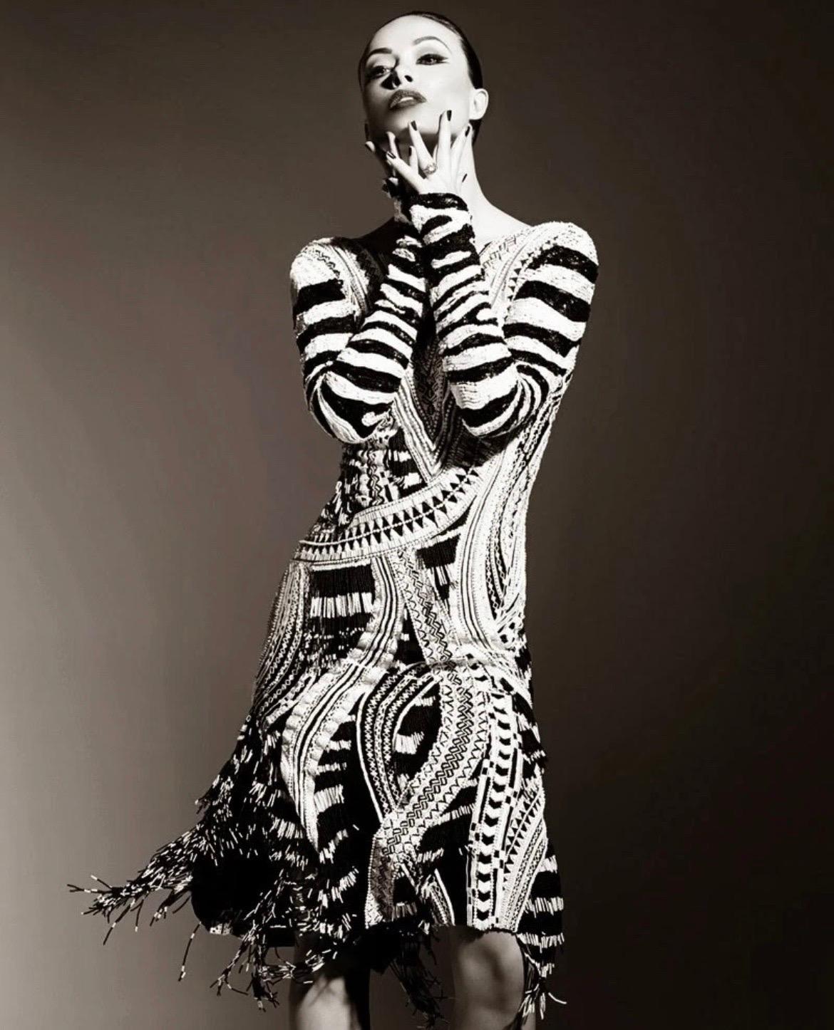 $14K Tom Ford Fully Beaded Black White Long Sleeve Midi Dress with Fringe It 42 For Sale 2