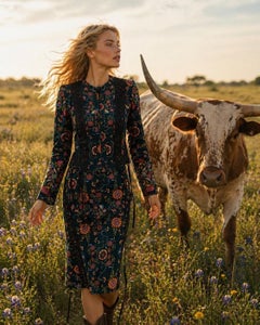 Vintage Christian Dior Floral Denim Corset Suit from the John Galliano Era