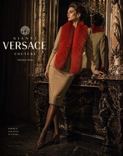 1990s Gianni Versace Couture Camel Skirt Suit with Red Fox Fur and Coral Closure