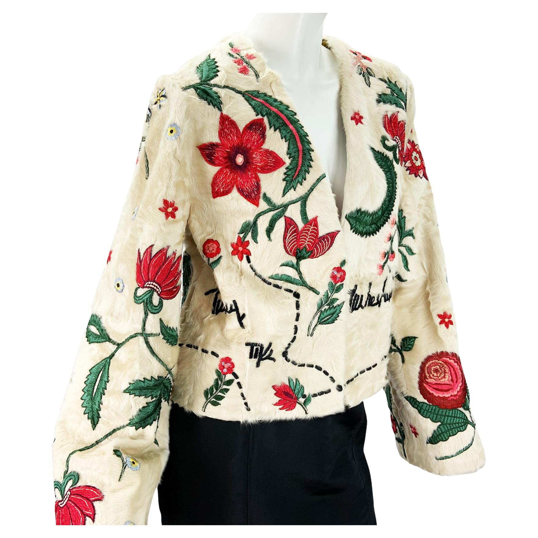 Oscar De La Renta - Veste brodée 2 en 1 réversible en fourrure d'agneau beige et soie, taille M L