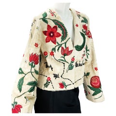 Oscar De La Renta Beige Lamb Fur Silk 2 in 1 Reversible Embroidered Jacket M L