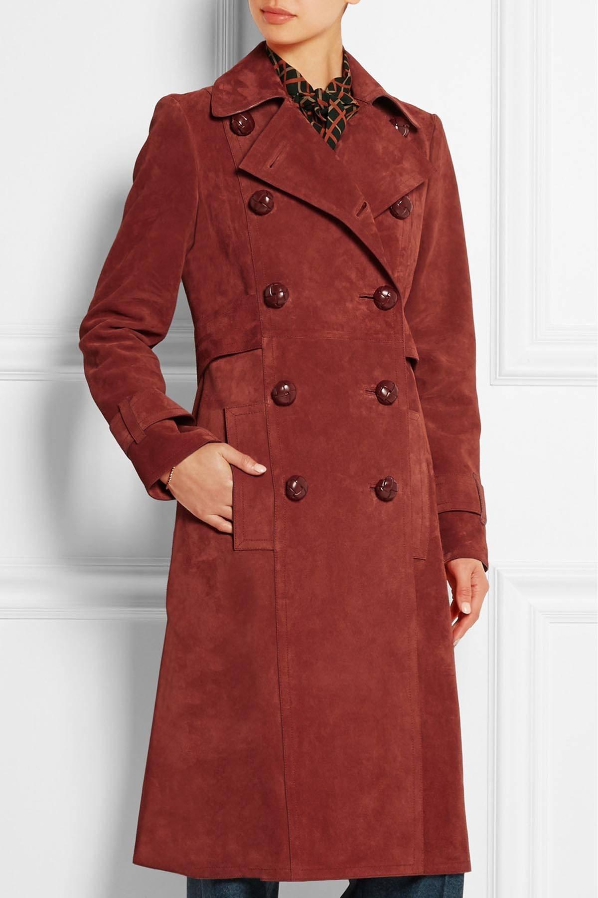 Brown New Gucci Brick Red Suede Belted Leather Buttons Women's Trench Coat