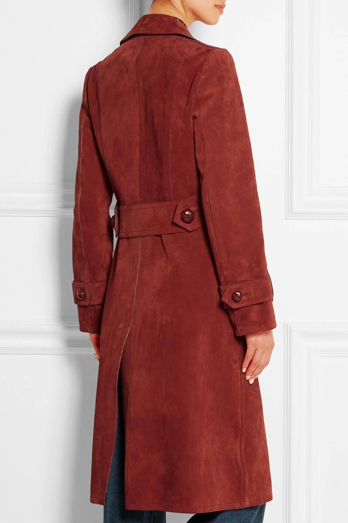 New Gucci Brick Red Suede Belted Leather Buttons Women's Trench Coat In New Condition In Montgomery, TX