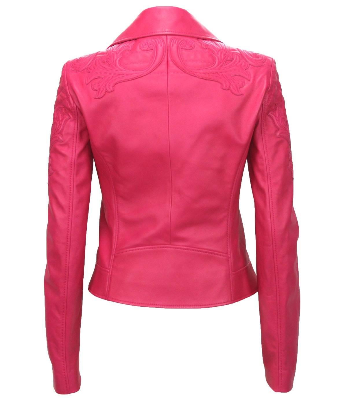 New Sexy and Hot VERSACE Vanitas Barocco Leather Moto Jacket
Italian Size - 38
Color - Hot Pink, 100% Soft Leather, Quilted Swirl Design, Front Zipper Closure
Two Side Zip Pockets, Fully Lined in Designer Logo Fabric, VERSACE Silver Tone Metal