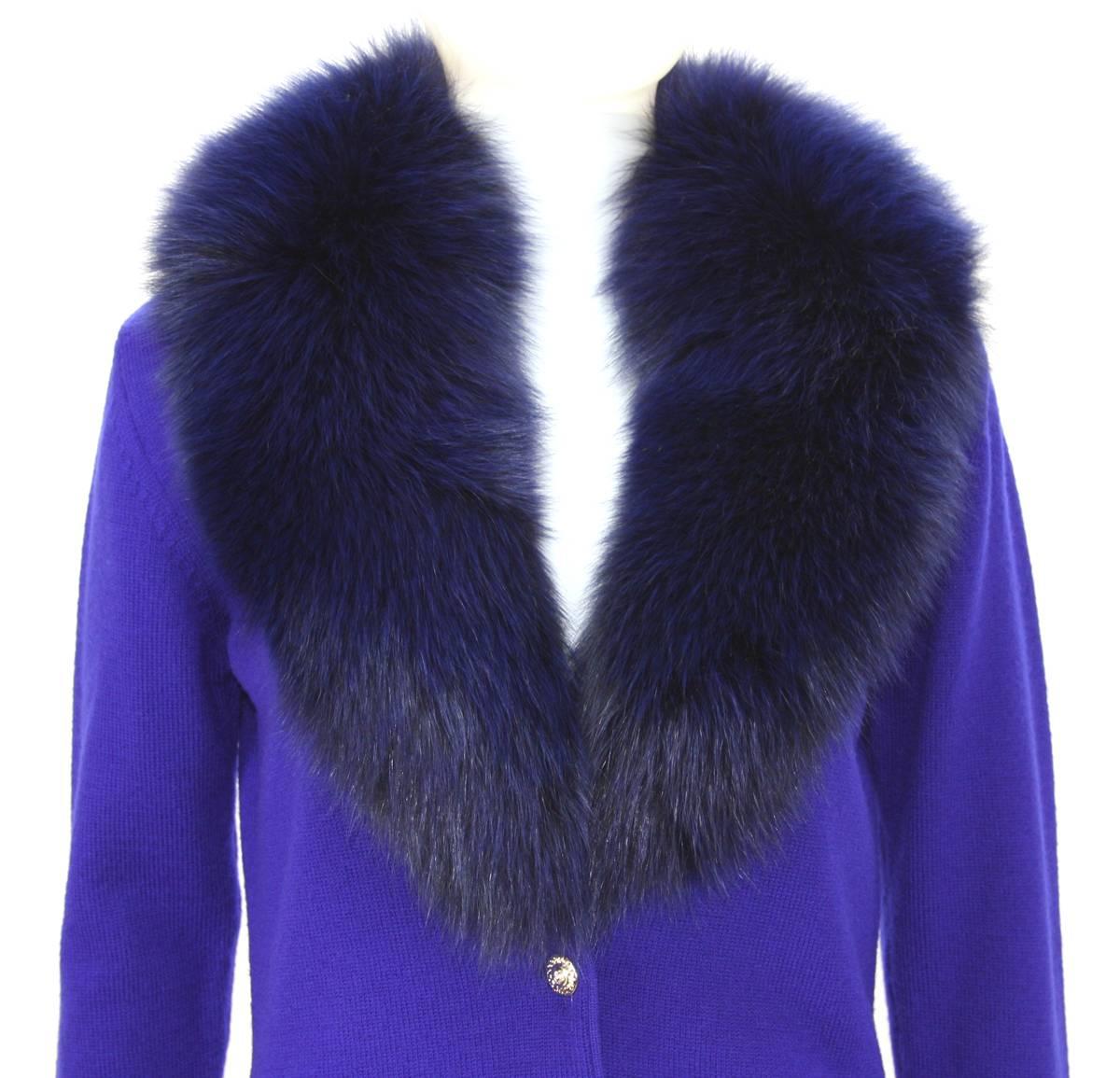Women's New Versace 100% Wool with Detachable Fox Collar Purple Blue Cardigan 44 For Sale