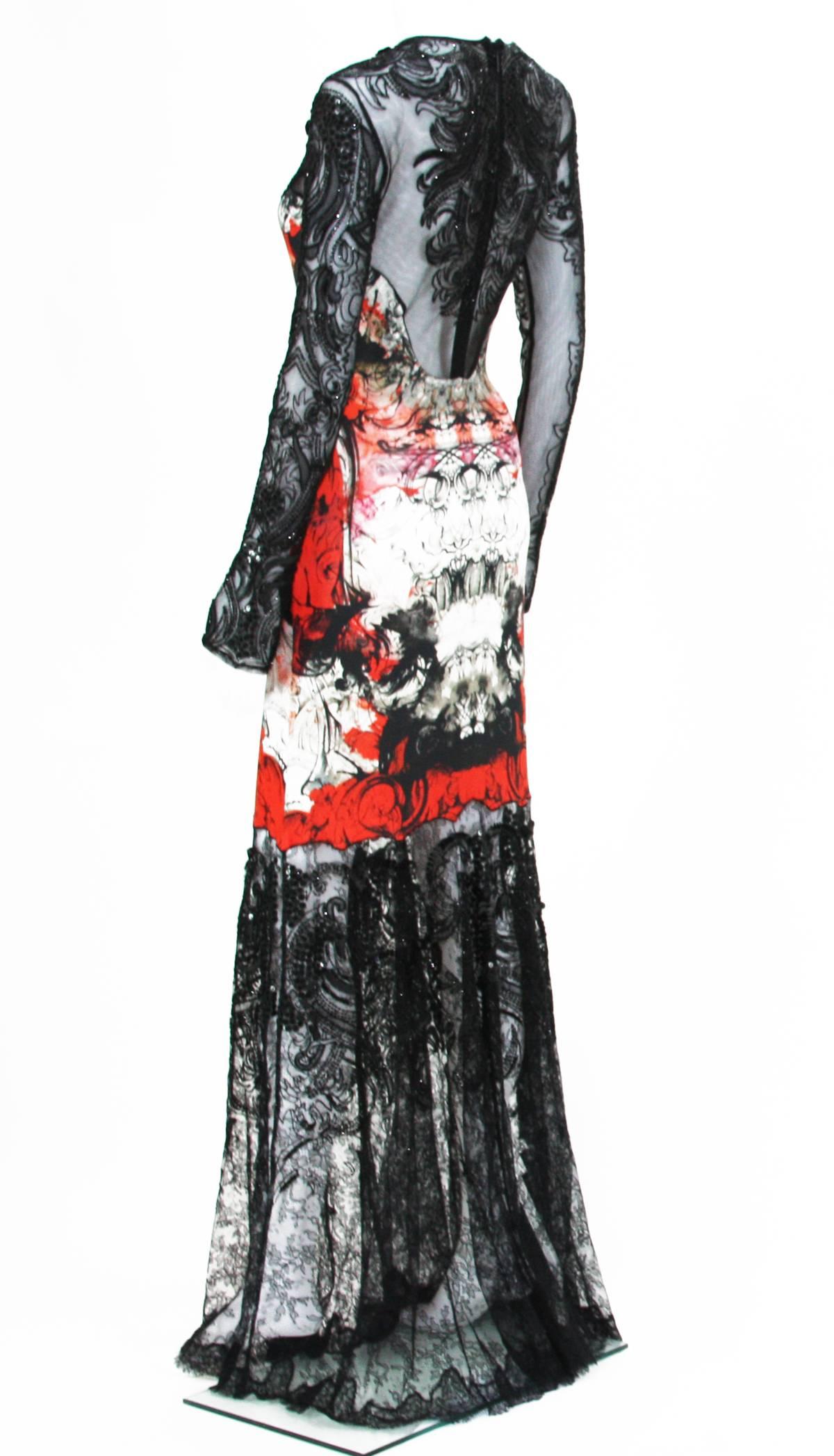 New Roberto Cavalli Lace Fully Beaded Stretch Long Dress Gown IT. 42 In Excellent Condition In Montgomery, TX
