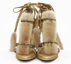 New Tom Ford for Gucci Swarovski Crystals Snakeskin Mink Fur Sandals Gold 7 7.5