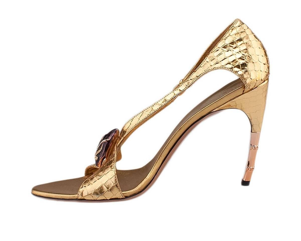 Brown New Tom Ford for Gucci S/S 2004 Gold Python Jeweled Bamboo Heel Shoes 8.5 and 11 For Sale