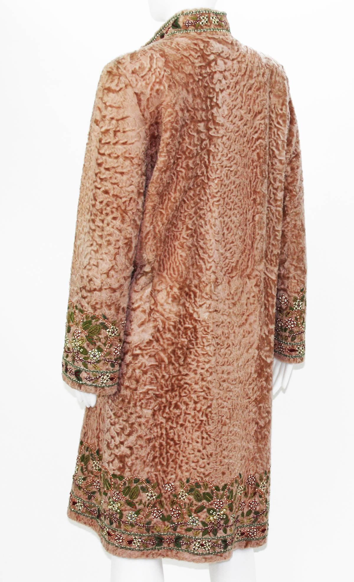 Oscar de la Renta Couture Beaded Embroidered Peach Color Broadtail Swakara Coat In Excellent Condition In Montgomery, TX