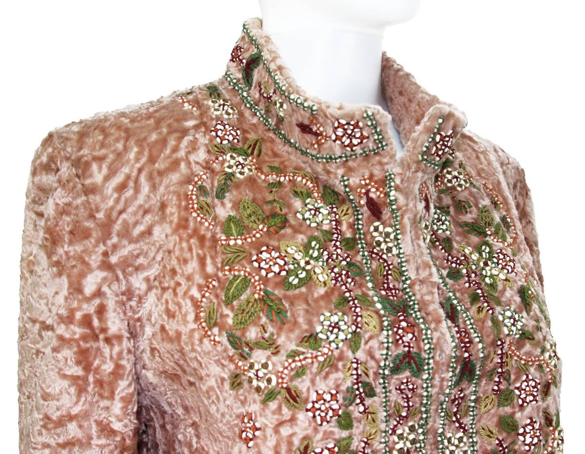 Women's Oscar de la Renta Couture Beaded Embroidered Peach Color Broadtail Swakara Coat