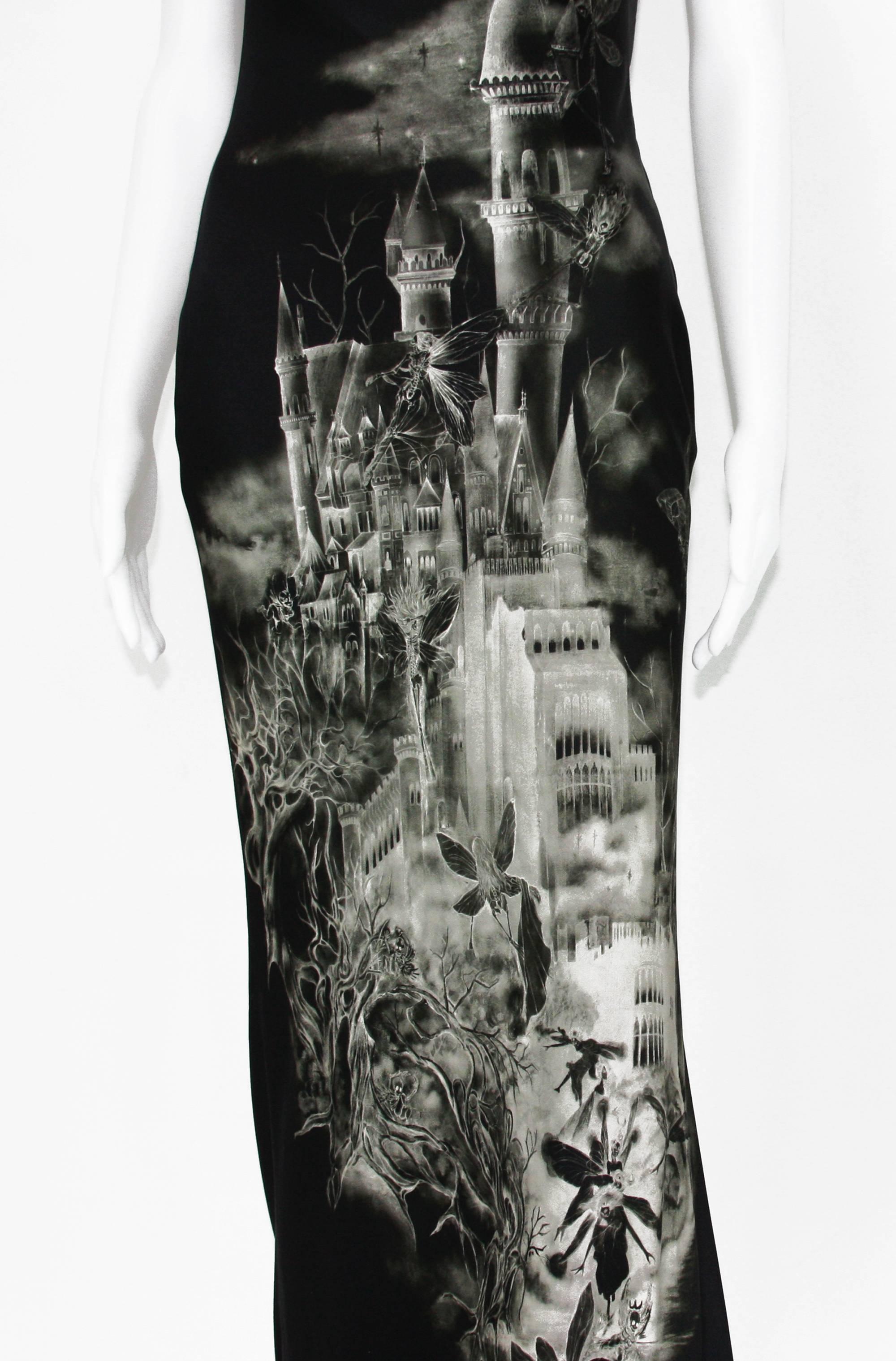 Black Alexander McQueen 2007 Collection Castle Skeleton Fairy Open Back Silk Gown 40 For Sale