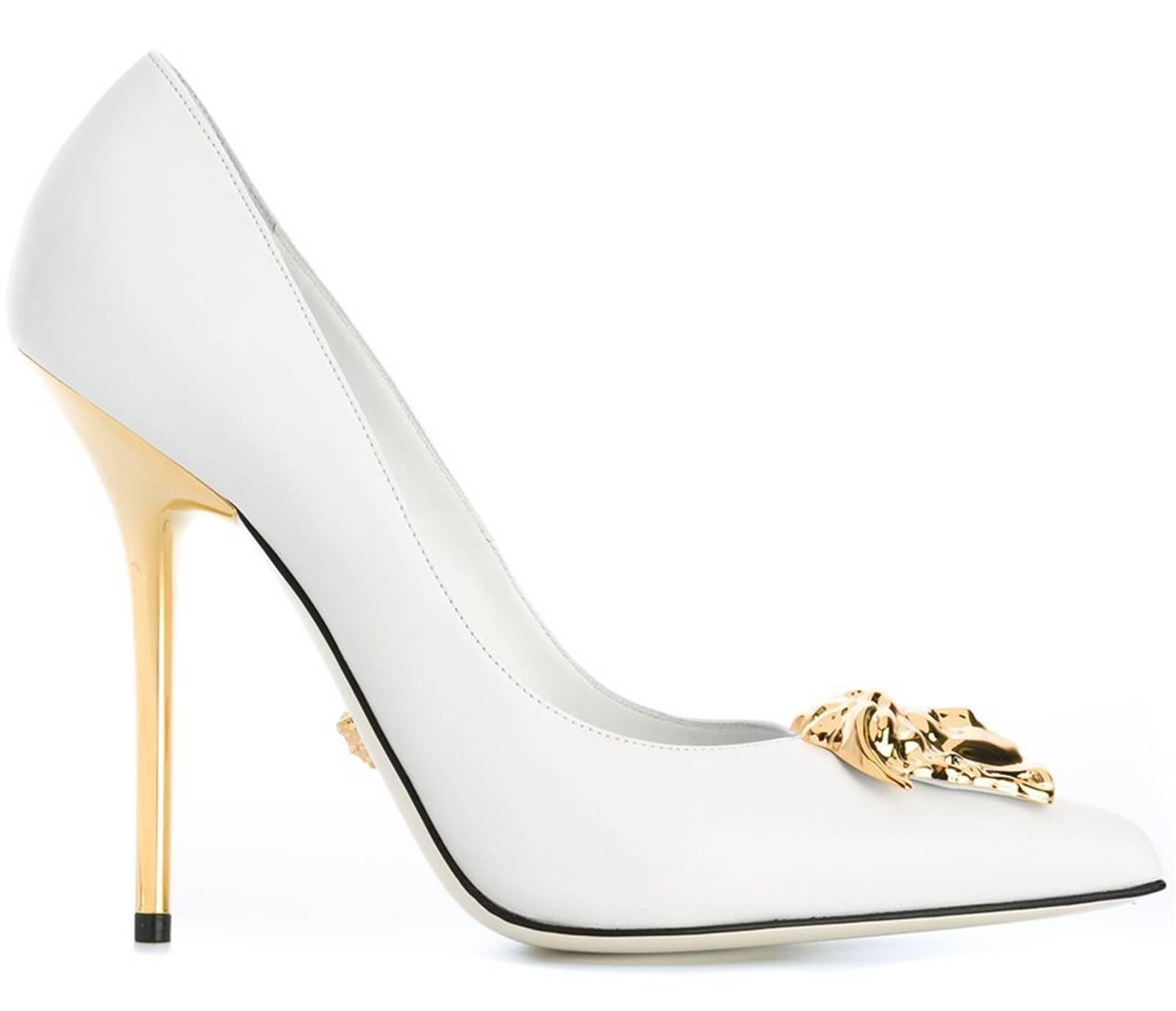 Gray New Versace White Leather Medusa Pumps Heels It. 38.5