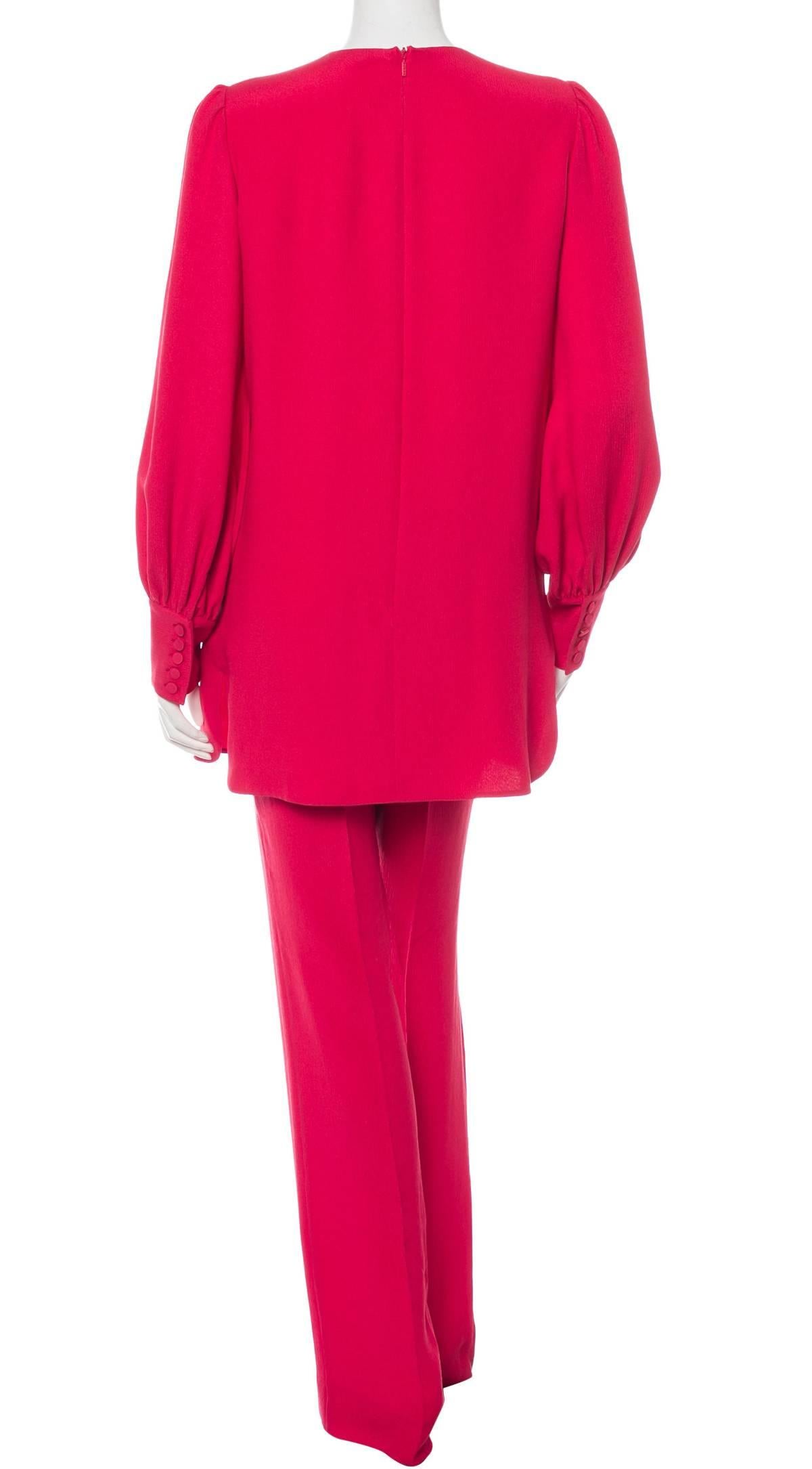 New  GUCCI Silk Embellished Pant Suit
Italian Size 42 - US 6
Color - Fuchsia Red
100% Silk
3-D Crystals & Beads Embellished ( REMOVABLE )
Tunic Measurement Flat: Length - 31 inch, Armpit to Armpit - 18.5 inches, Sleeve - 26".
Fully Lined -