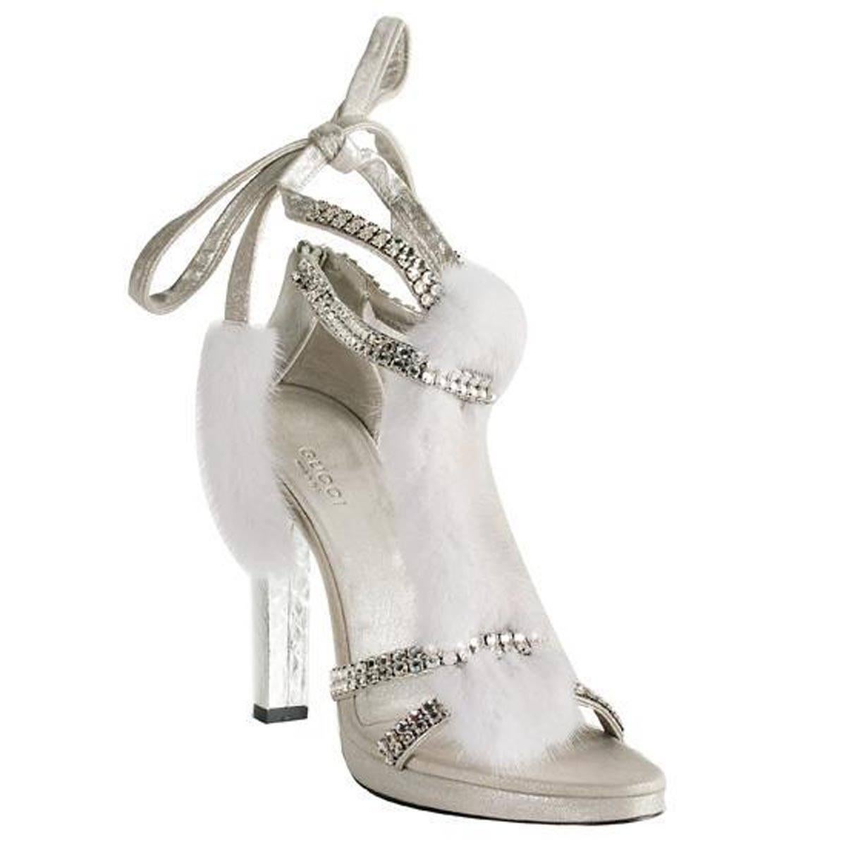 Tom Ford for Gucci Silver-Tone Fur Mink Sandals
F/W 2004 Collection
Italian size - 37.5 B (US - 7.5)
Swarovski Crystal Embellished Wrap Style Ankle Shoes
100% Real Mink
Silver- tone Snakeskin Heel - 4.5 inches
Leather Platform - 0.5 inches
Made in