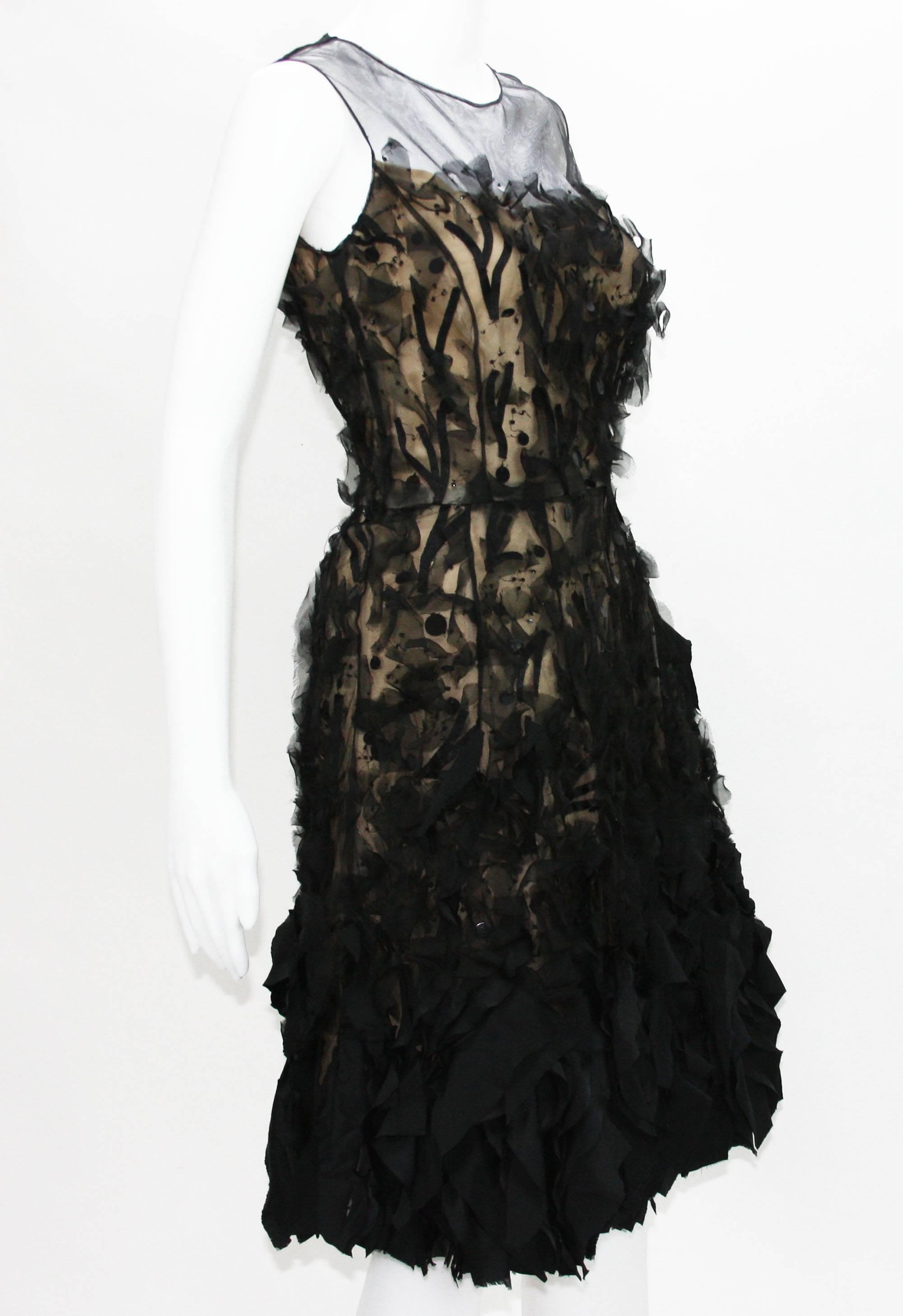 Women's Oscar De La Renta Applique Tulle Organza Cocktail Black Dress 8