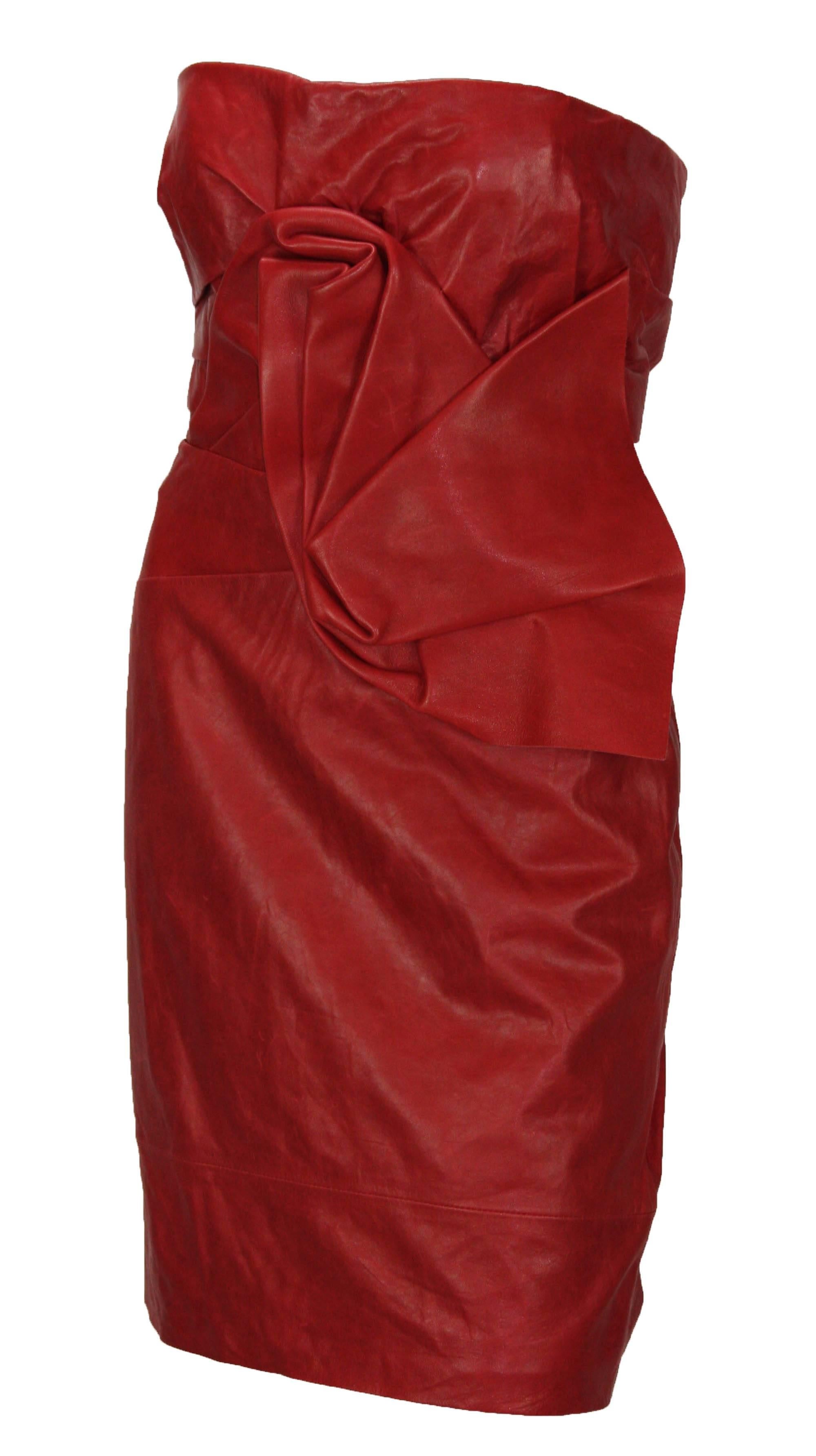 New DSQUARED2 Runway Leather Dress
Italian Size 42 - US 6
Color - Dark Red, 100% Lamb Leather, Internal Bra, Draped Detailing.
Texture Leather, Aged Effect, Fully Lined with Designer Fabric, Zip Closure.
Measurements: Length - 28 inches, Bust - 32