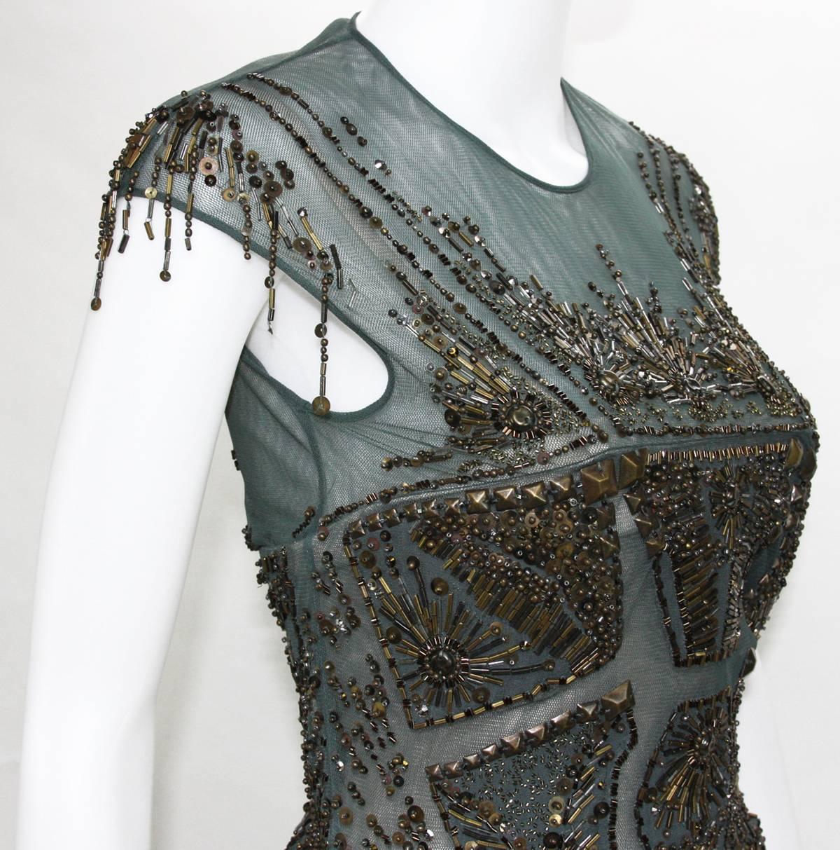 Gray New Roberto Cavalli Fully Beaded Green Mesh Cocktail Corset Dress 40  For Sale