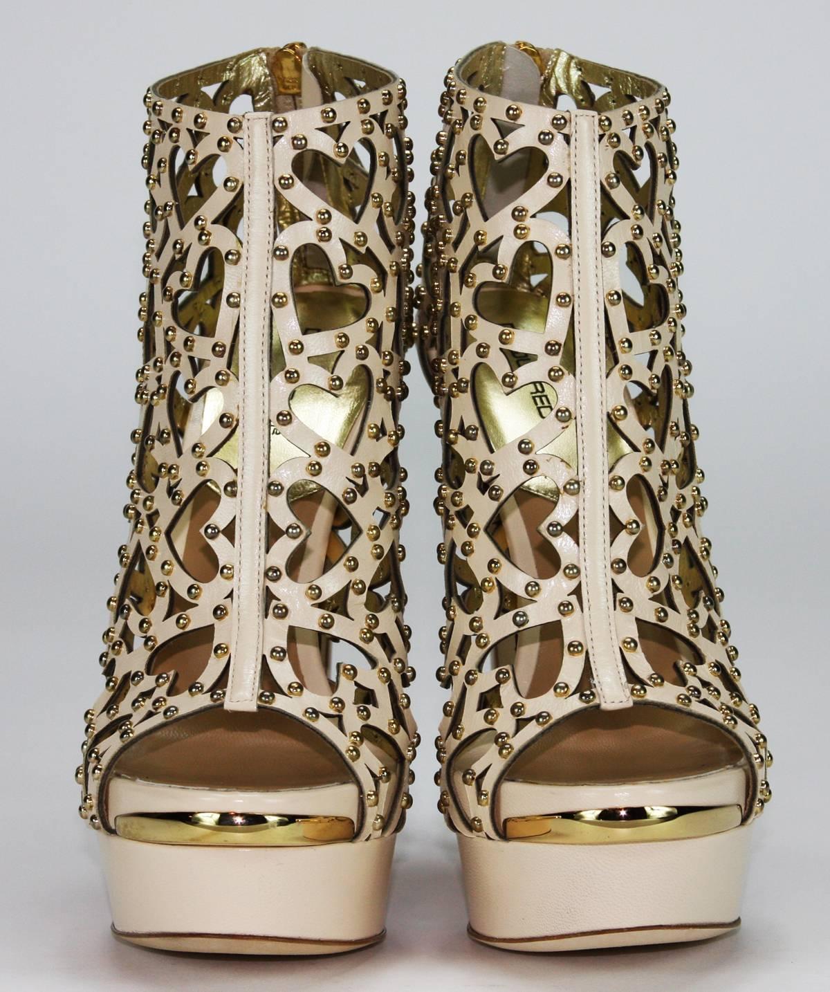 New $2150 DSQUARED2 Heart Cut Out Studded Platform Leather Beige Boots 38 - 8 1