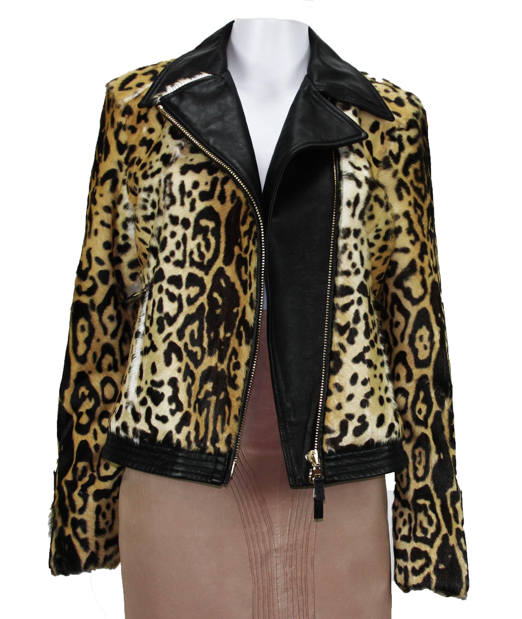 Black New ETRO Women Fur Lamb Leopard Print Leather Moto Jacket It. 44 - 8