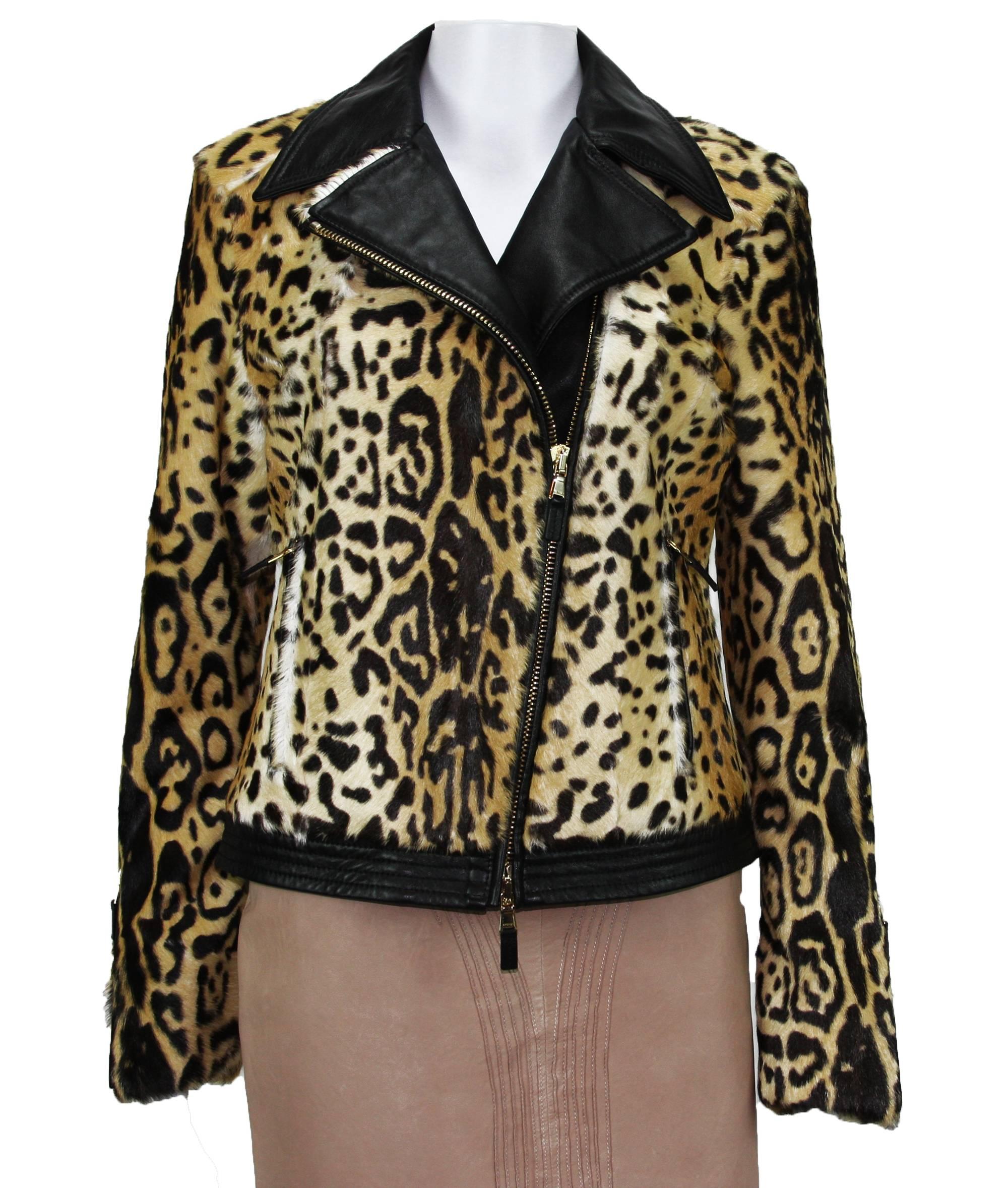 New ETRO Women Fur Lamb Leopard Print Leather Moto Jacket It. 44 - 8 In New Condition In Montgomery, TX