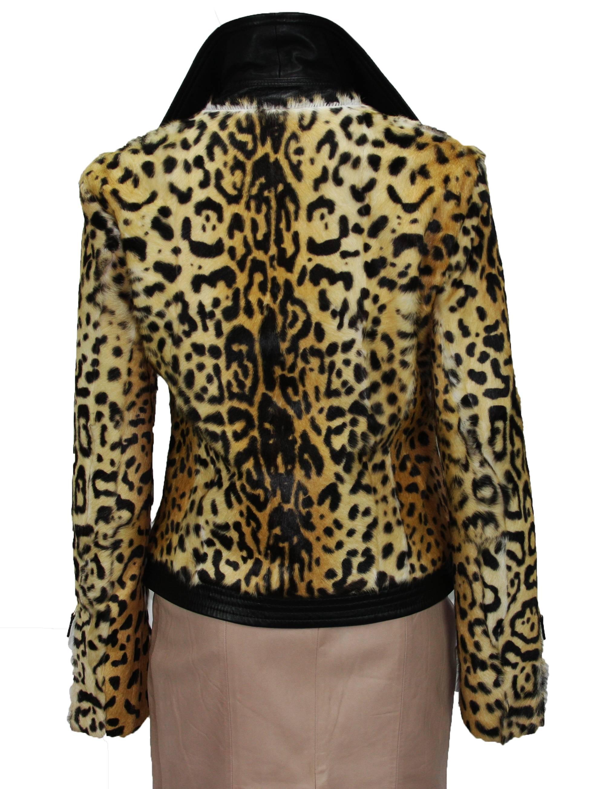 Women's New ETRO Women Fur Lamb Leopard Print Leather Moto Jacket It. 44 - 8