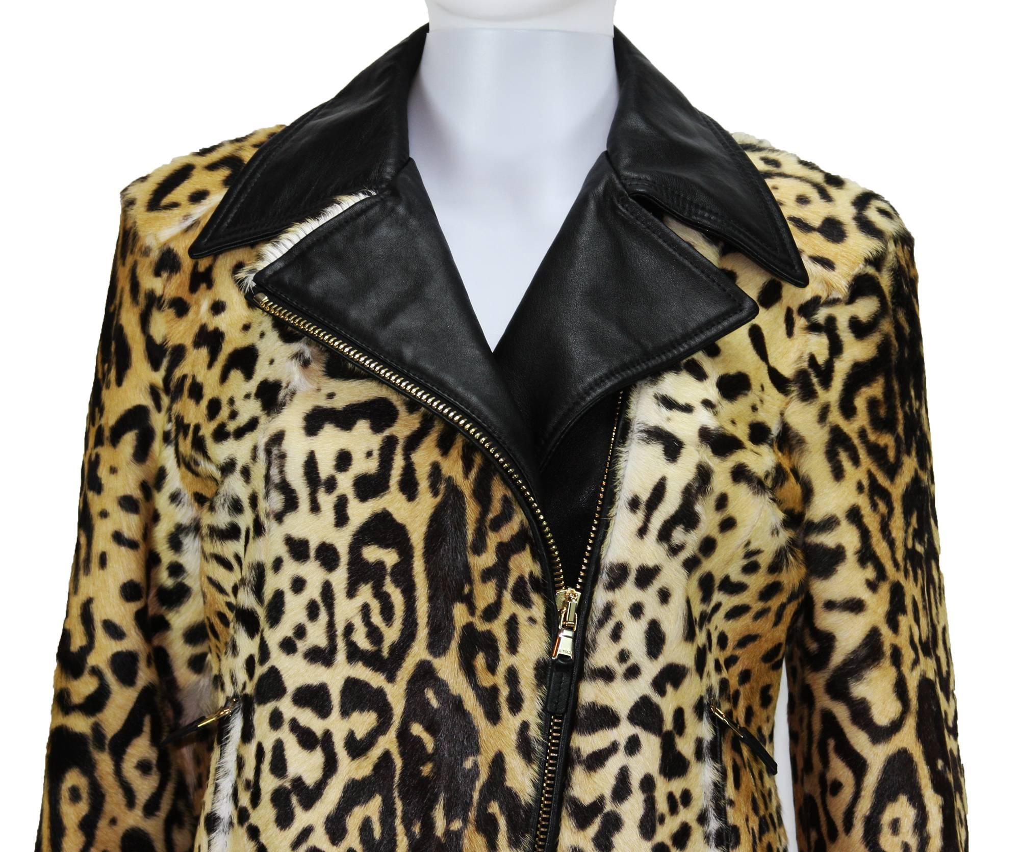 New ETRO Women Fur Lamb Leopard Print Leather Moto Jacket It. 44 - 8 3
