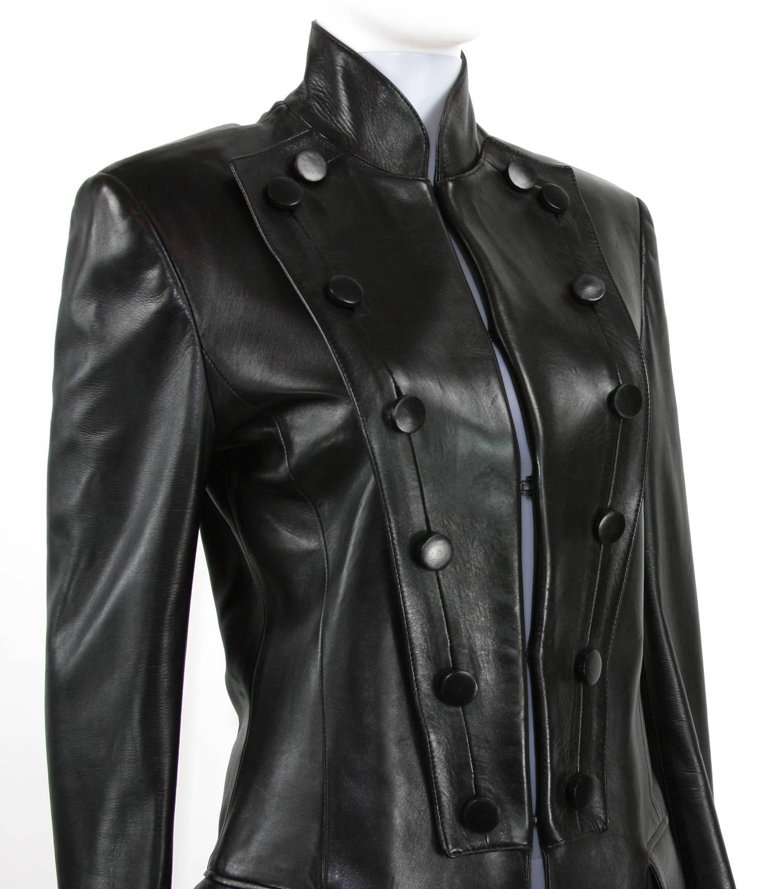 Tom Ford for Yves Saint Laurent F/W 2001 Black Leather Long Military Style Coat In Excellent Condition For Sale In Montgomery, TX