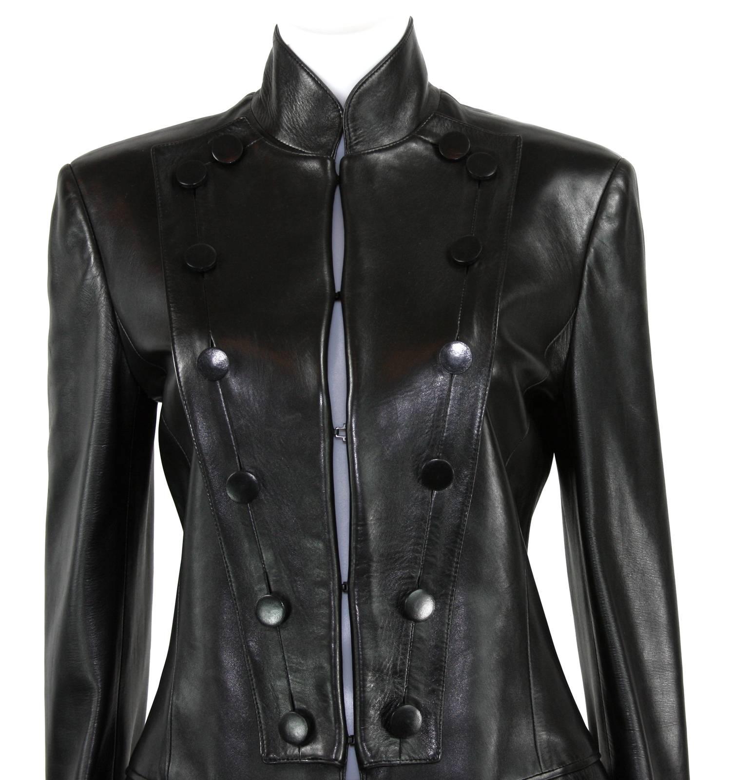 Tom Ford for Yves Saint Laurent F/W 2001 Black Leather Long Military Style Coat For Sale 1