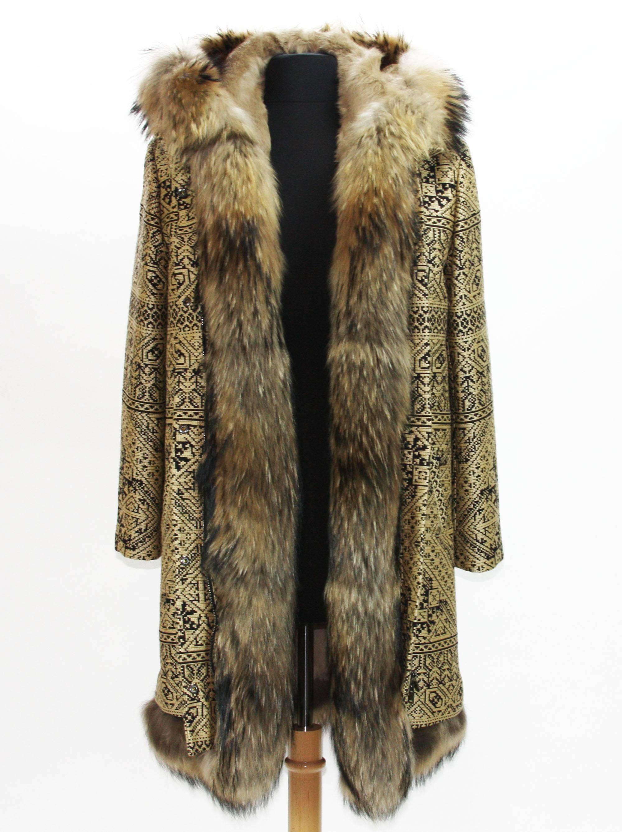 New ETRO Jacquared Detachable Fur Rabbit Lining Raccoon Hooded Beige Coat 2