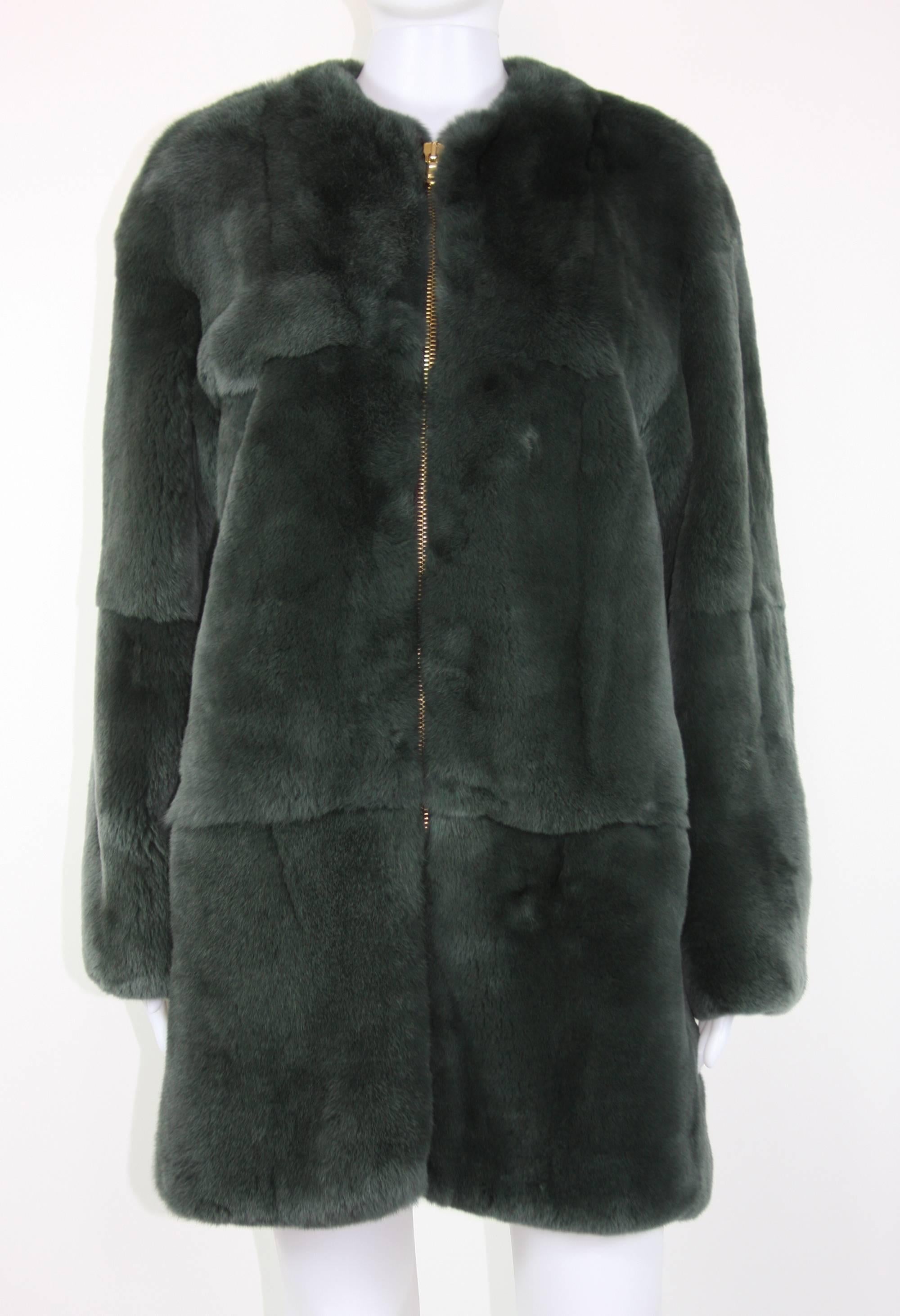 New ETRO Runway Fur Coat 
Italian Size 42 – US 6
100% Lapin (Rabbit), Colors – Green/Gray, Yellow, Black, Beige, Red, White.
Abstract Design at Back, Zipper Closure, Two Front Pockets, Fully Lined.
Measurements: Length - 33