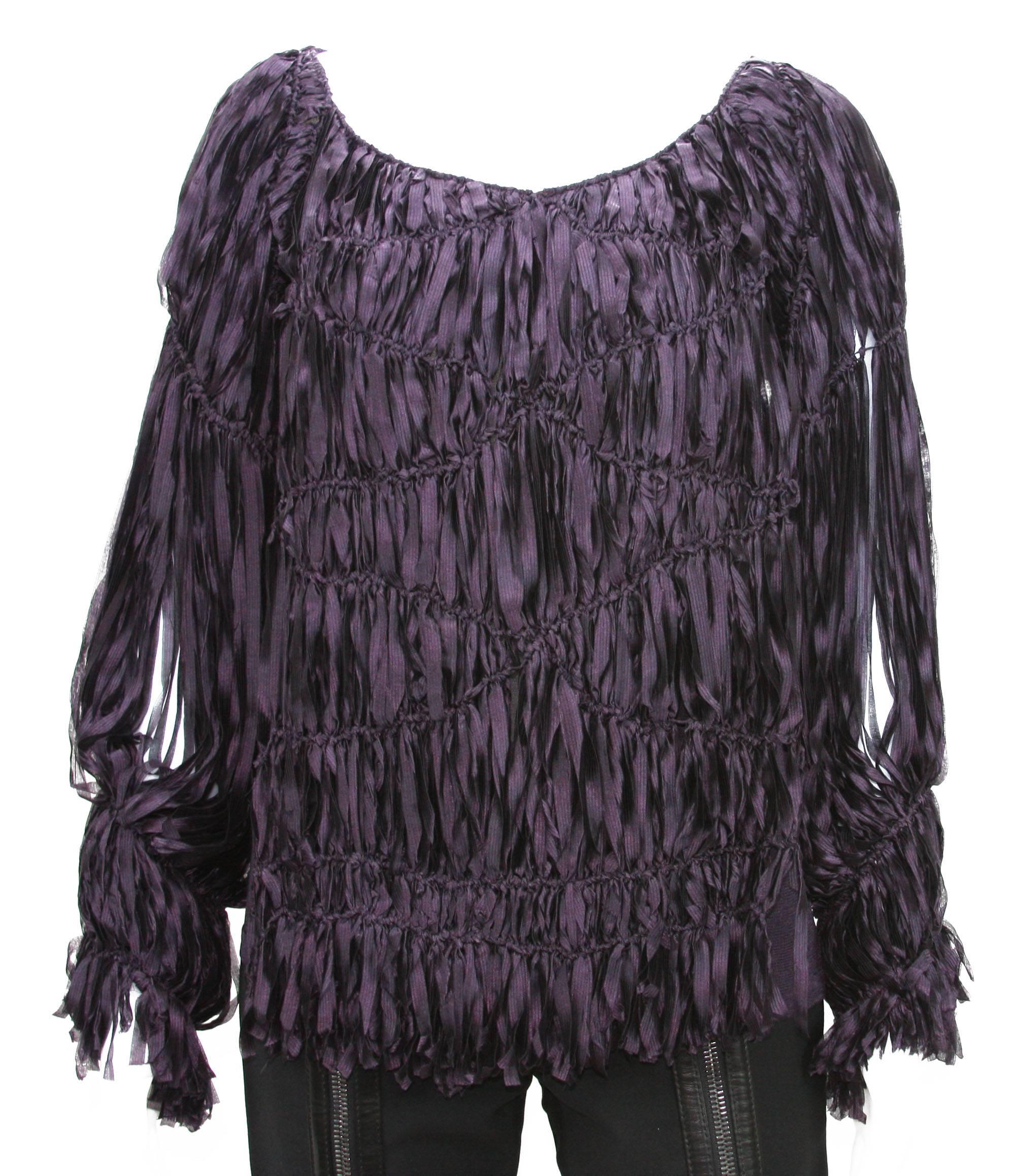 Tom Ford for Yves Saint Laurent 
Fall / Winter Runway 2001 Collection
Designer Size - M
100% Silk (stretch), Dark Purple Shredded Sweater ( Top)
Measurements flat: length - 22 inches, bust - 16