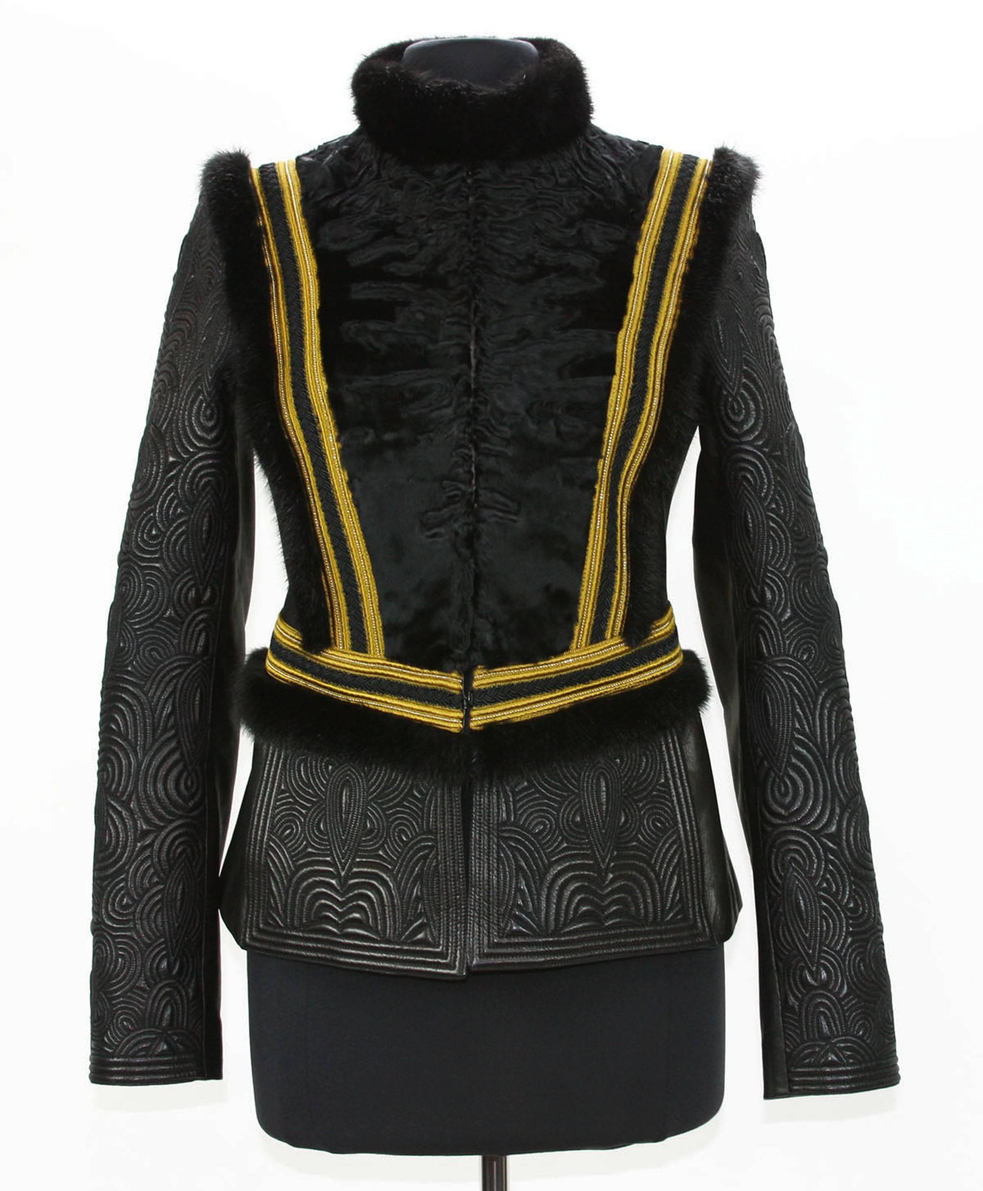 New Exquisite Etro Embossed Leather Mink Fur Lamb Jacket.
Italian Size: 42  – US 6 
Color – Black.
Embossed 90% Lambskin – Super Soft.
10% Real (dyed) Mink - Finland.
Yellow (not bright) Metallic ribbon piping around bodice.
Two Front Pockets, Stand