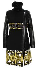 New ETRO Double Zip Fox Collar Leather Sleeve Black Yellow Coat 42 - 6