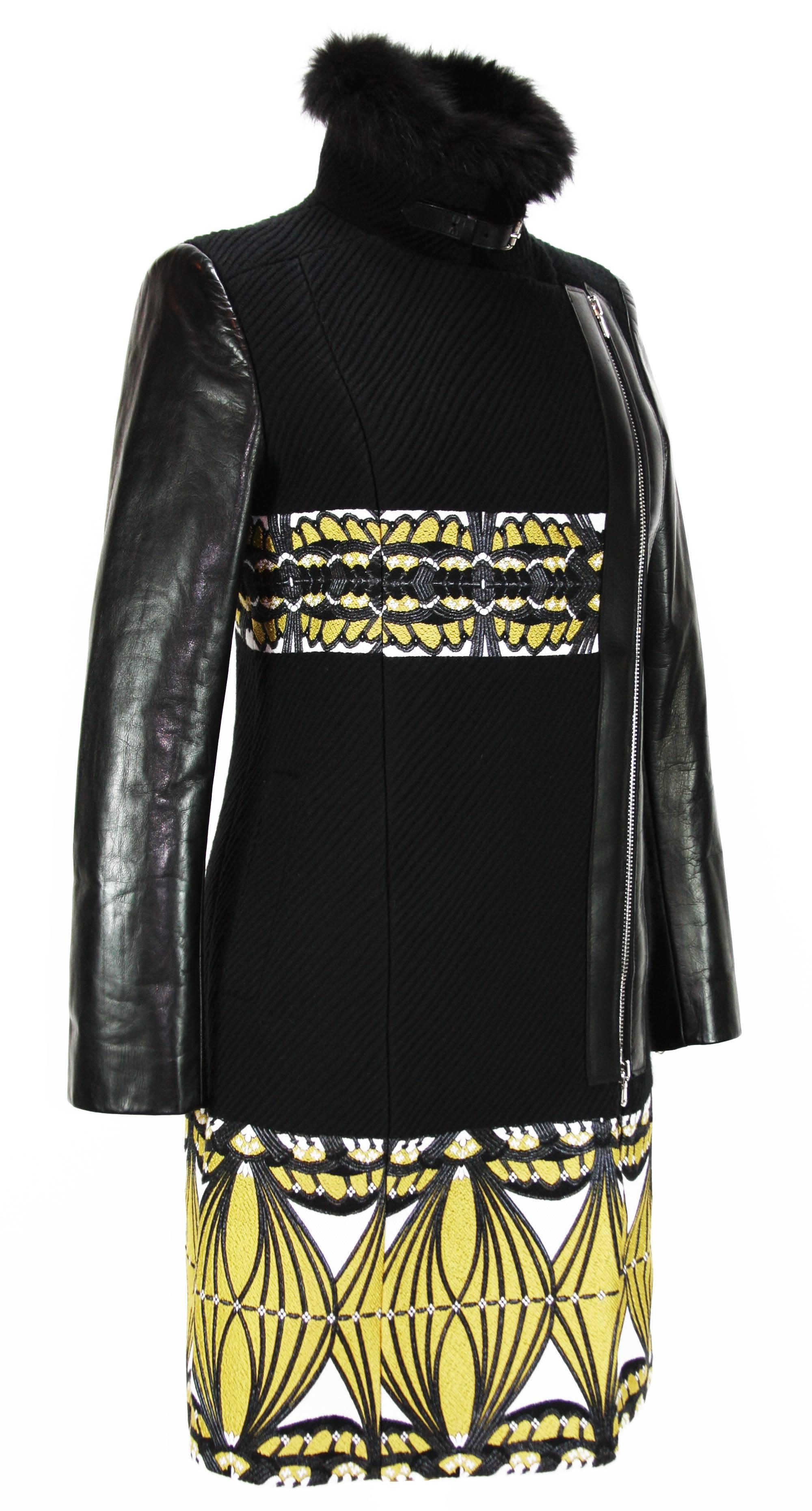 Women's New ETRO Double Zip Fox Collar Leather Sleeve Black Yellow Coat 42 - 6 For Sale