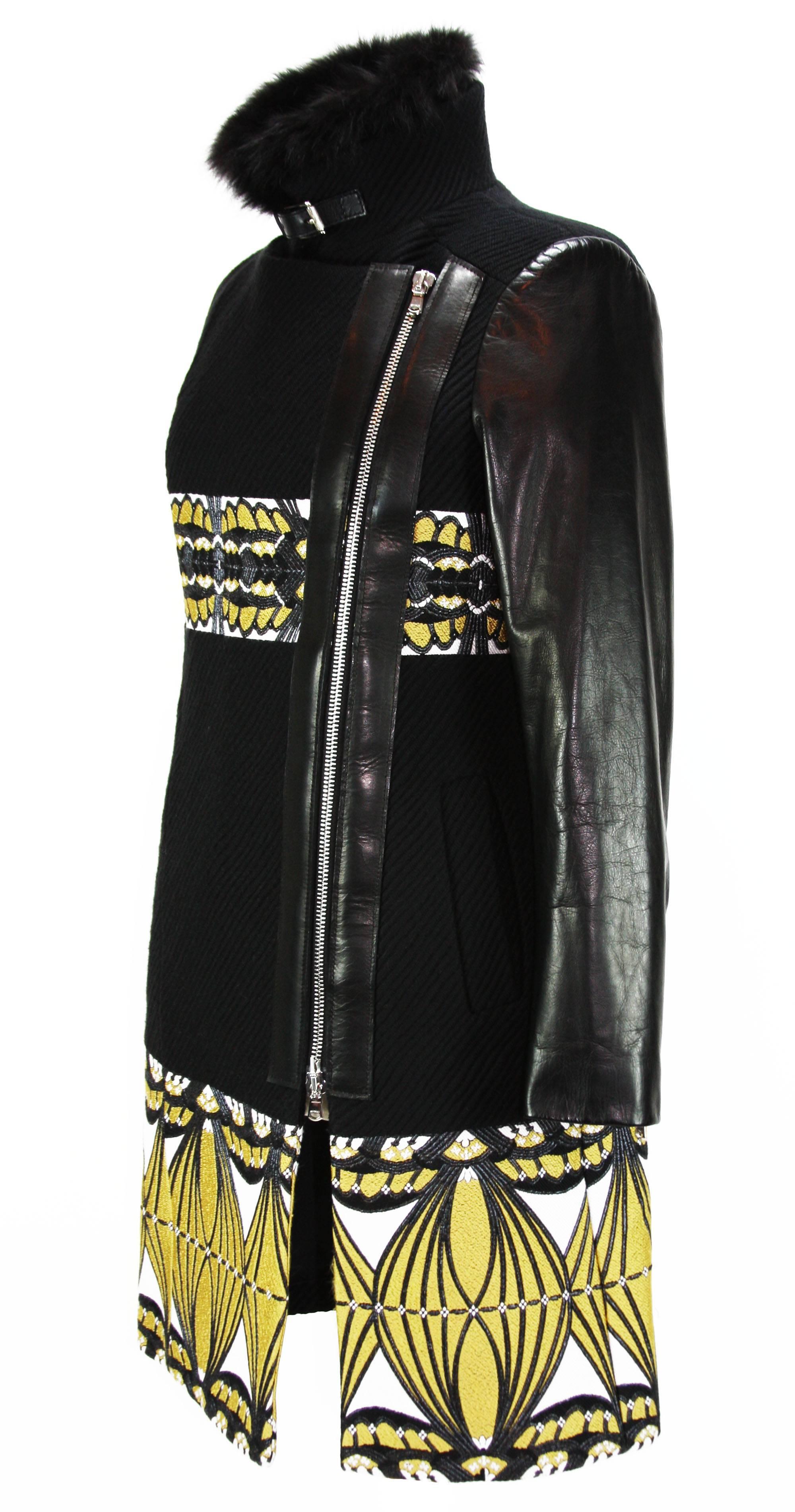 New ETRO Double Zip Fox Collar Leather Sleeve Black Yellow Coat 42 - 6 For Sale 1