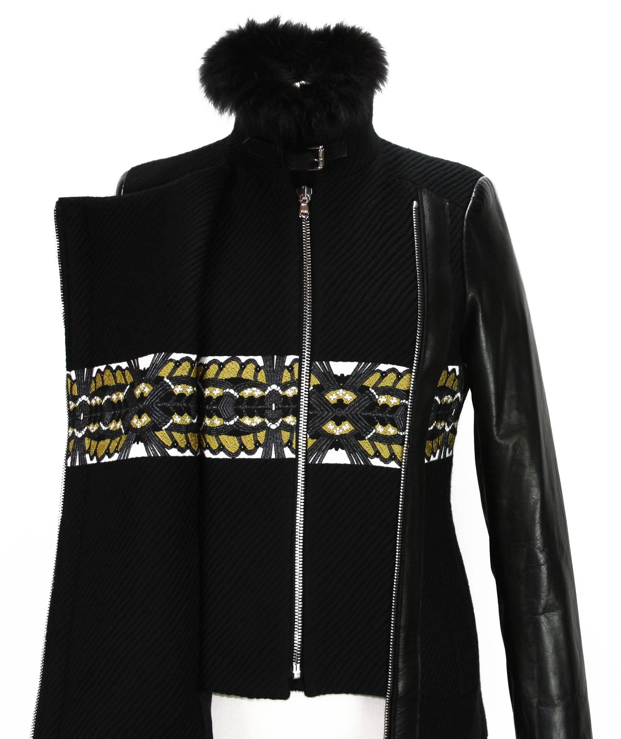New ETRO Double Zip Fox Collar Leather Sleeve Black Yellow Coat 42 - 6 For Sale 3