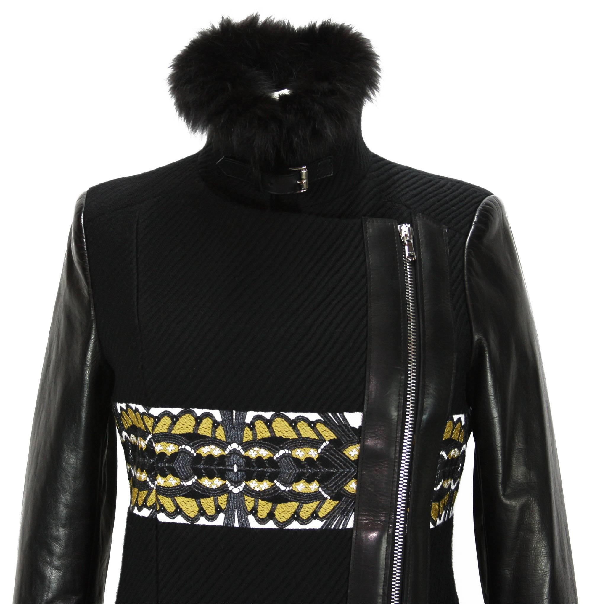 New ETRO Double Zip Fox Collar Leather Sleeve Black Yellow Coat 42 - 6 For Sale 4