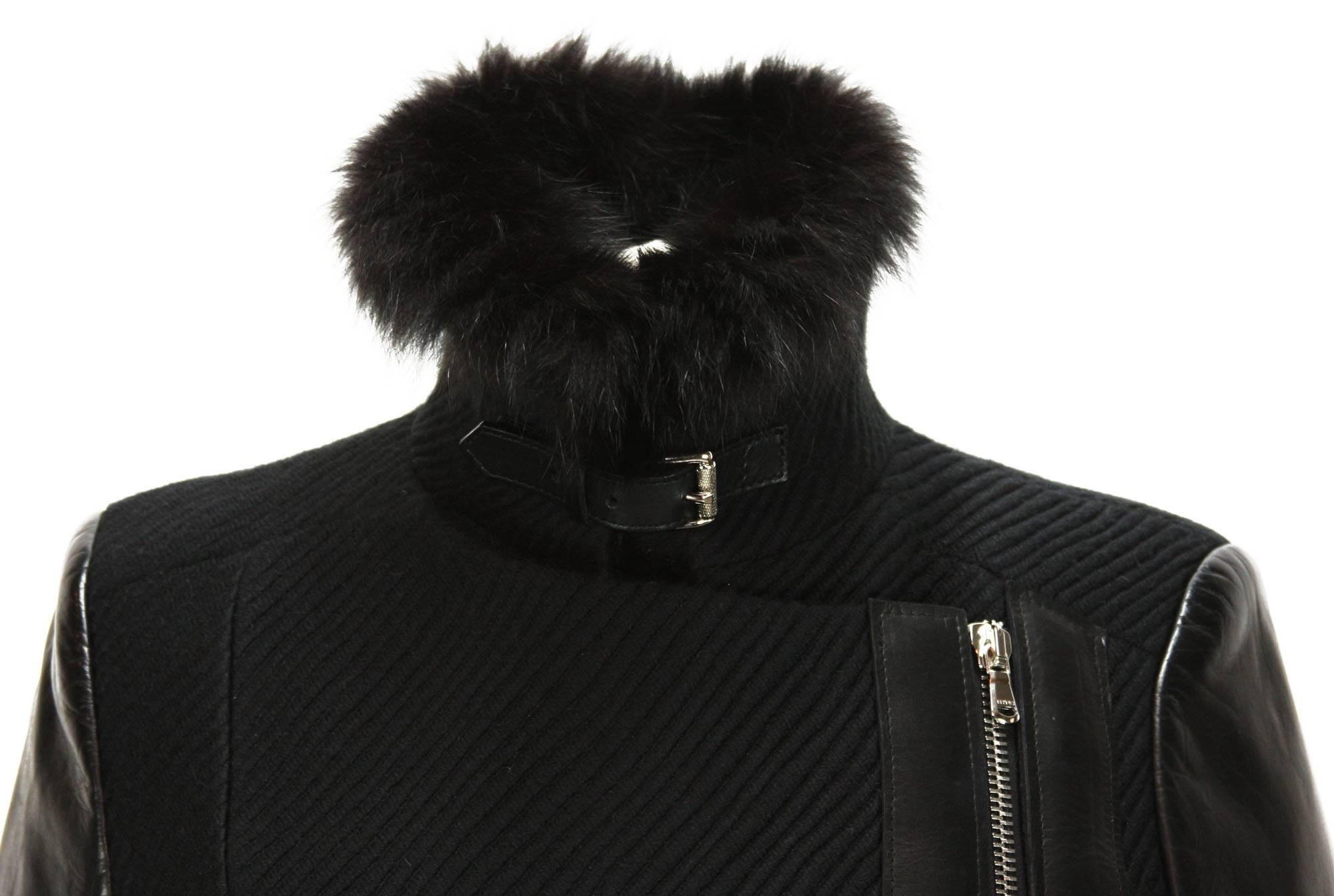 New ETRO Double Zip Fox Collar Leather Sleeve Black Yellow Coat 42 - 6 For Sale 5