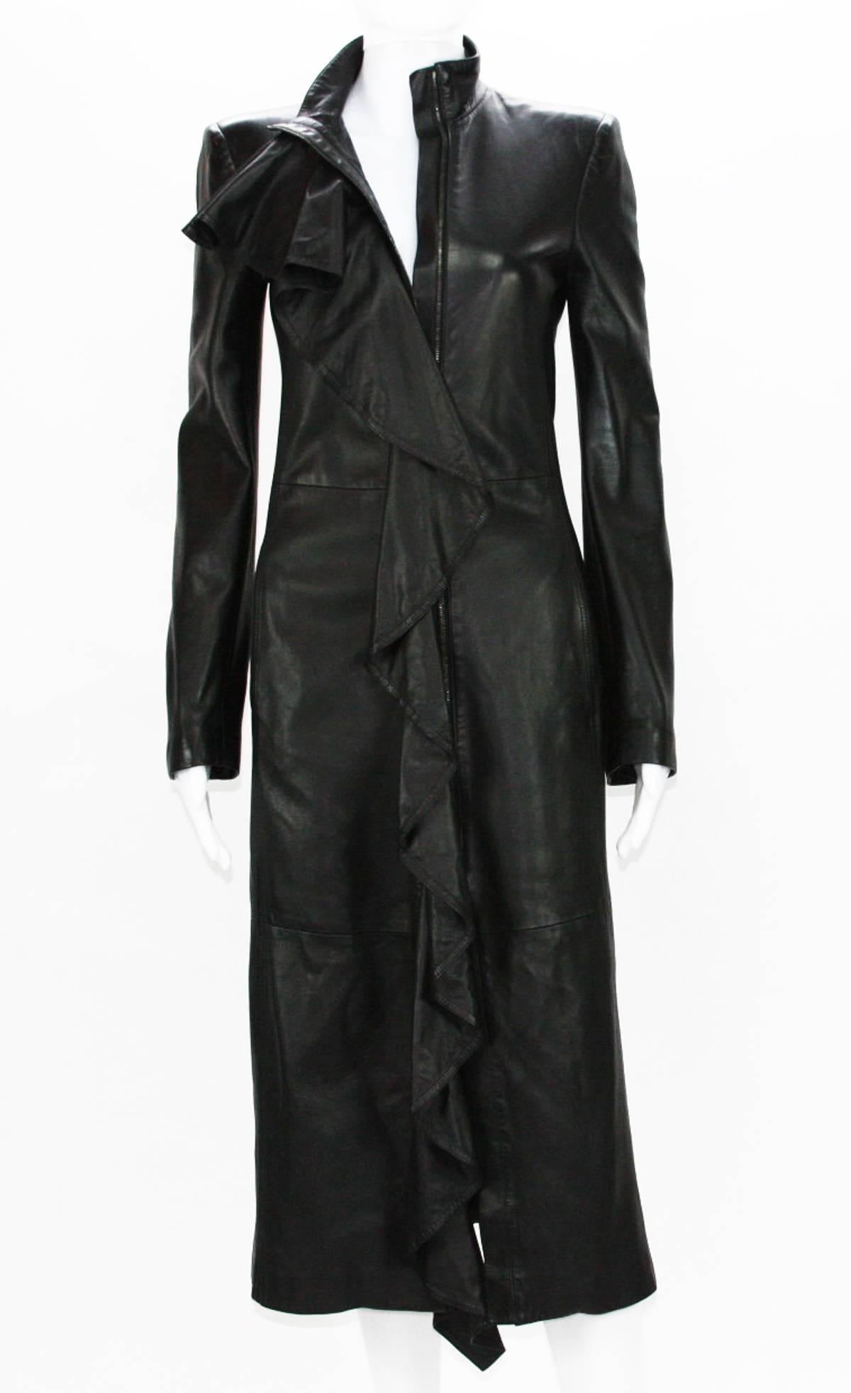Women's TOM FORD for YVES SAINT LAURENT F/W 2003 Black Leather Ruffle Coat Fr.36 US 4