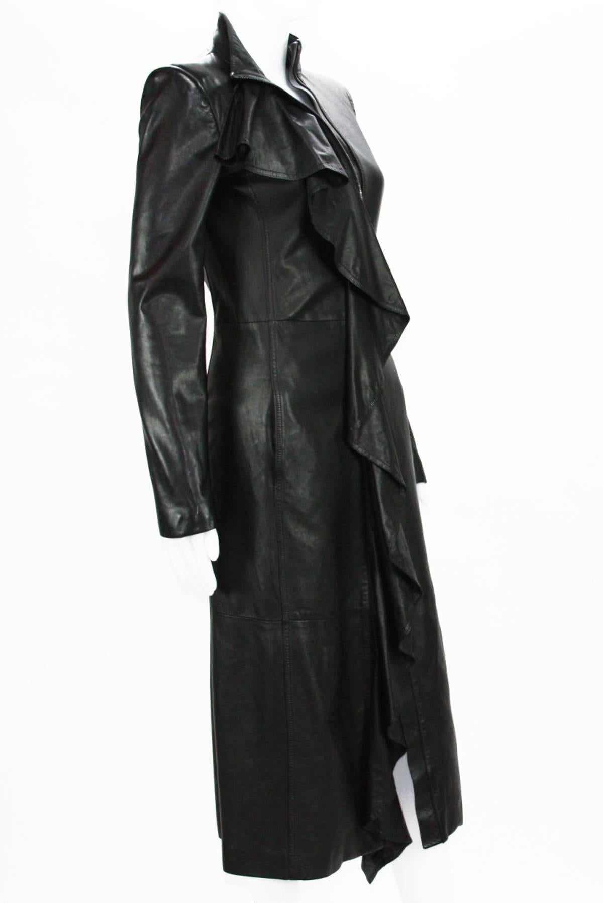 TOM FORD for YVES SAINT LAURENT F/W 2003 Black Leather Ruffle Coat Fr.36 US 4 1