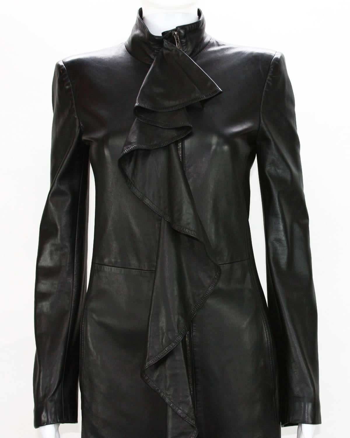 TOM FORD for YVES SAINT LAURENT F/W 2003 Black Leather Ruffle Coat Fr.36 US 4 3