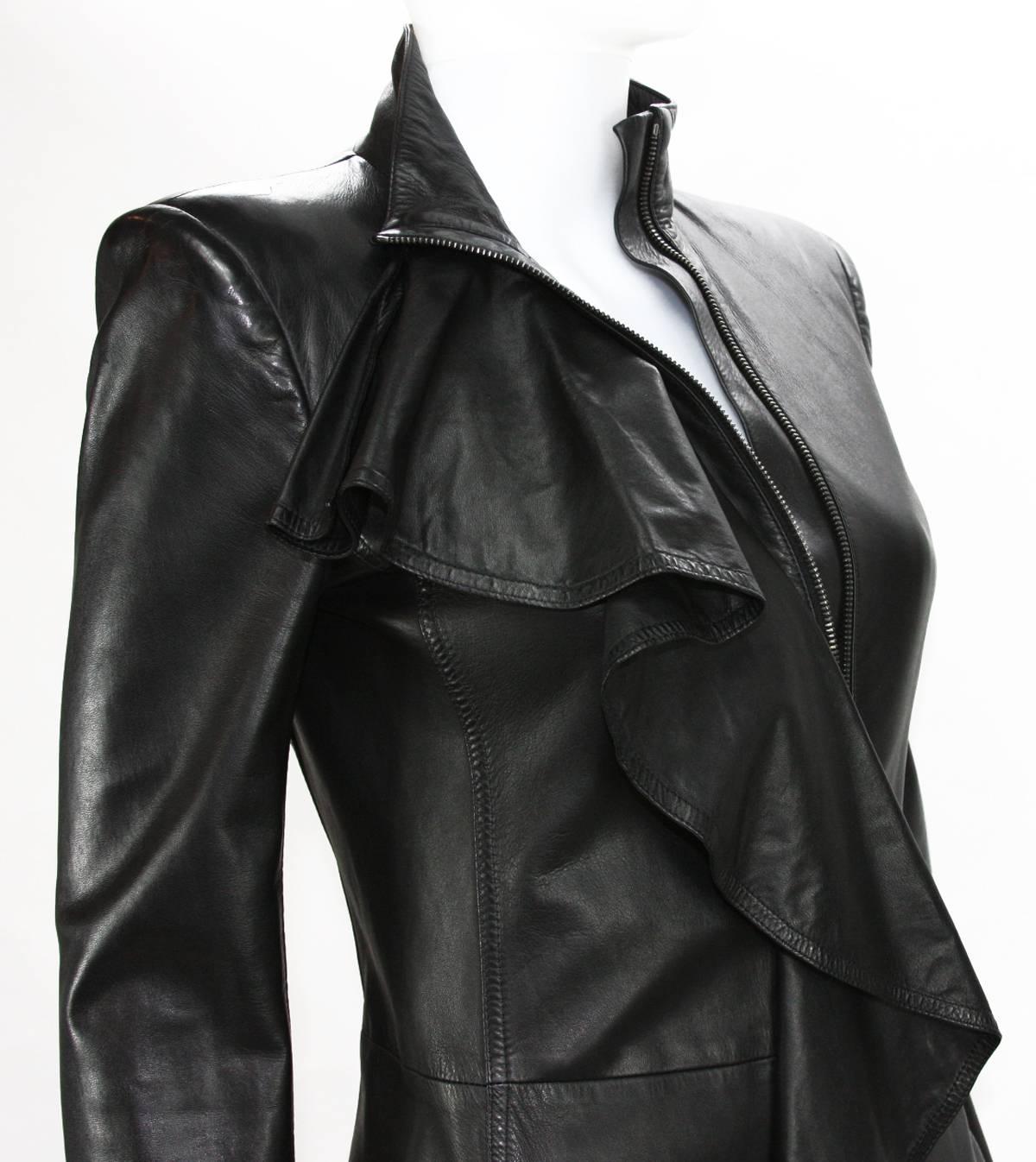 TOM FORD for YVES SAINT LAURENT F/W 2003 Black Leather Ruffle Coat Fr.36 US 4 4