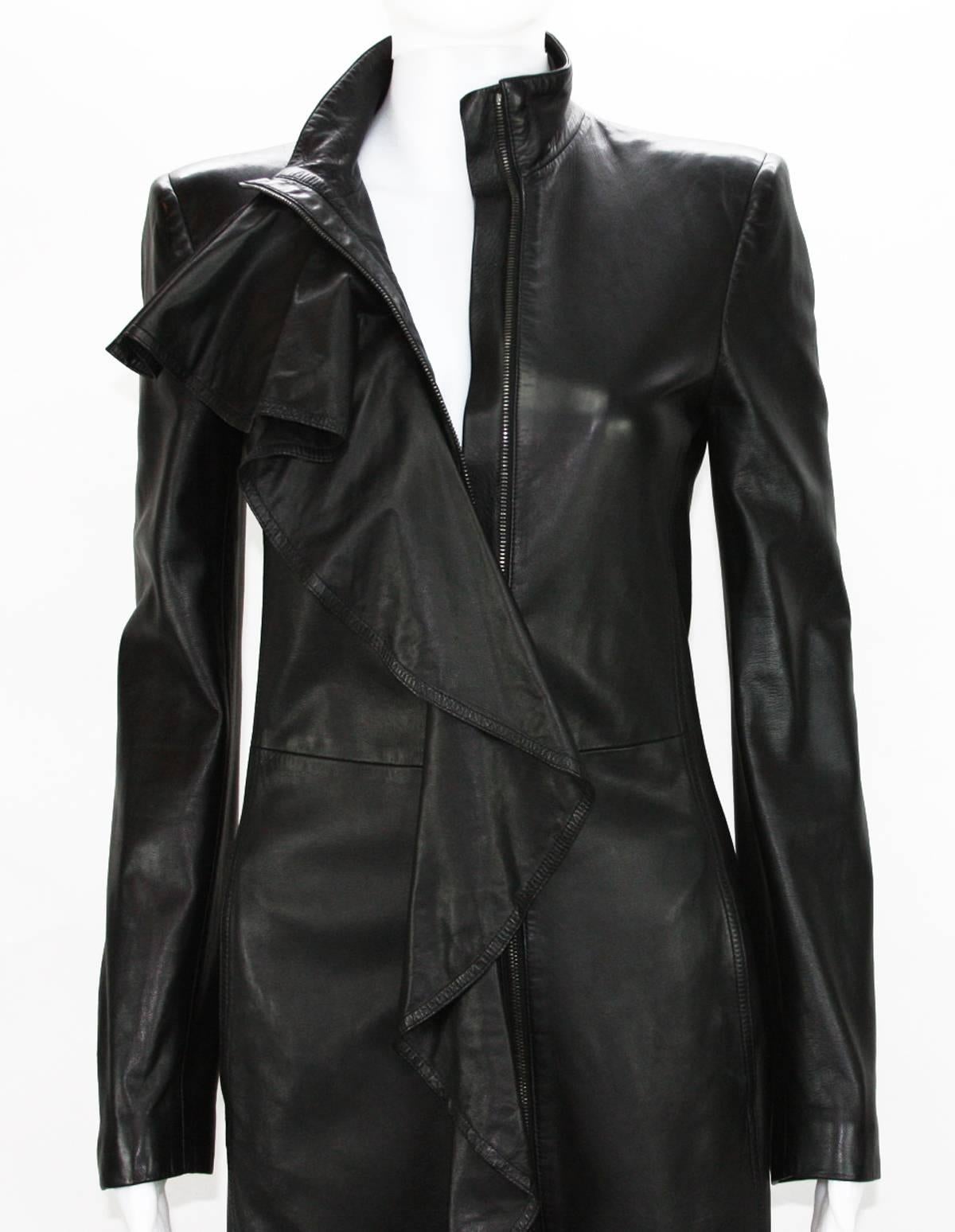 TOM FORD for YVES SAINT LAURENT F/W 2003 Black Leather Ruffle Coat Fr.36 US 4 5