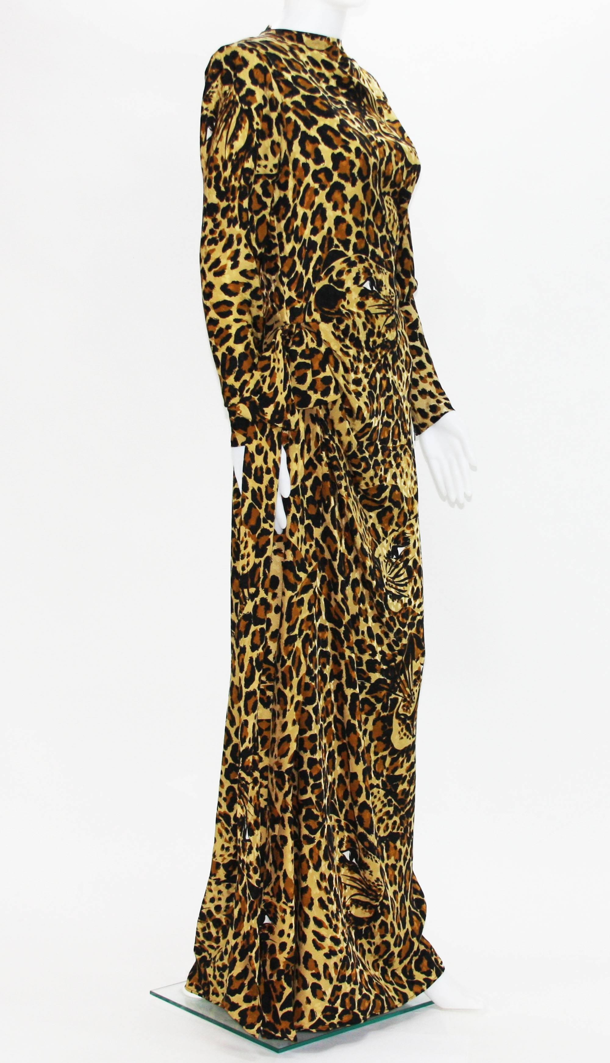 Brown Yves Saint Laurent Runway F/W 1982/83 Leopard Silk Gown with High Slit Scarf Fr. For Sale