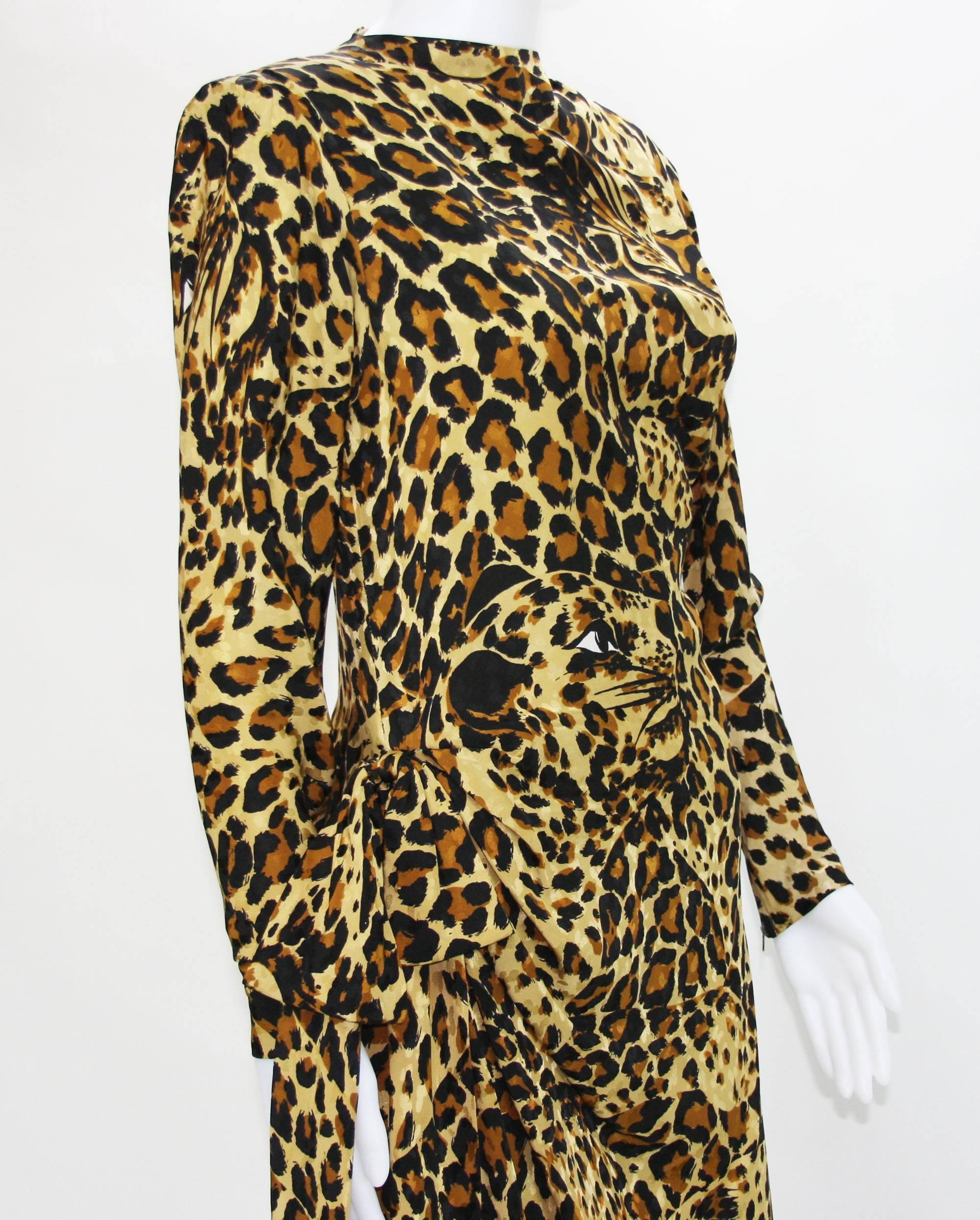 Yves Saint Laurent Runway F/W 1982/83 Leopard Silk Gown with High Slit Scarf Fr. For Sale 1