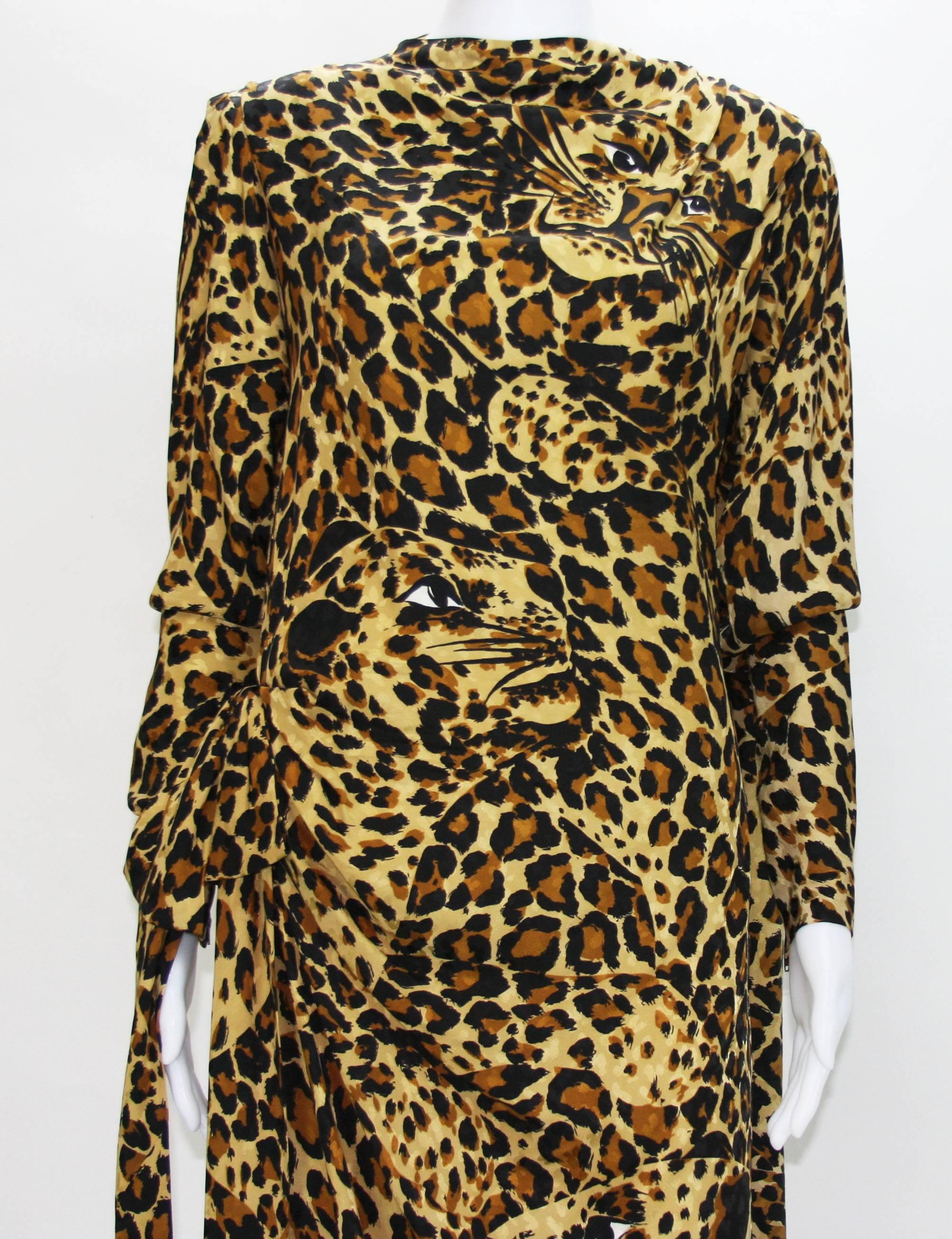 Yves Saint Laurent Runway F/W 1982/83 Leopard Silk Gown with High Slit Scarf Fr. For Sale 2