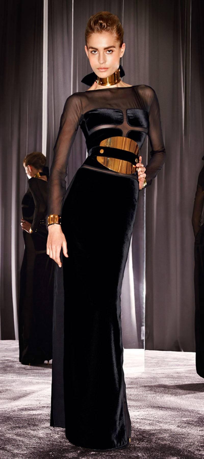 Women's New Tom Ford Campaign Black Velvet Sheer Cutout Gown It.42 - US 6