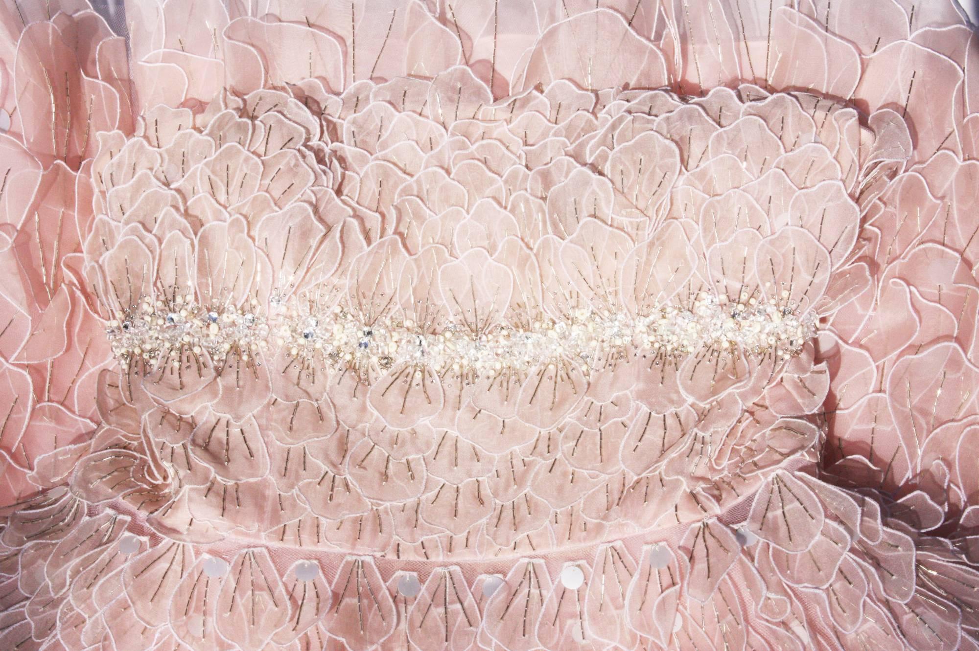 Beige New OSCAR DE LA RENTA Bead Embellished Corset Pale Pink Silk Flare Dress 